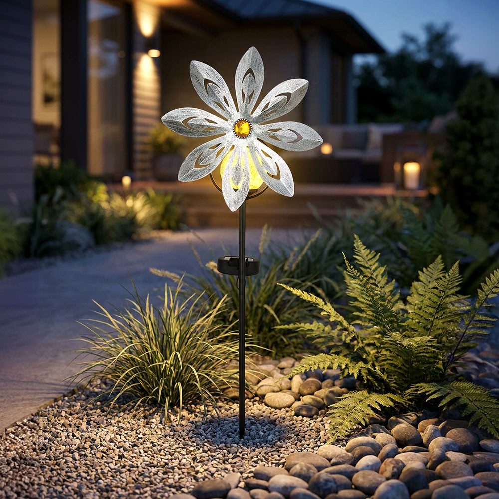 GLOBO LIGHTING LED Solarleuchte, LED-Leuchtmittel fest verbaut, Warmweiß, Solarleuchte Außenleuchte LED Windrad silbergrau Gartenlampe IP44