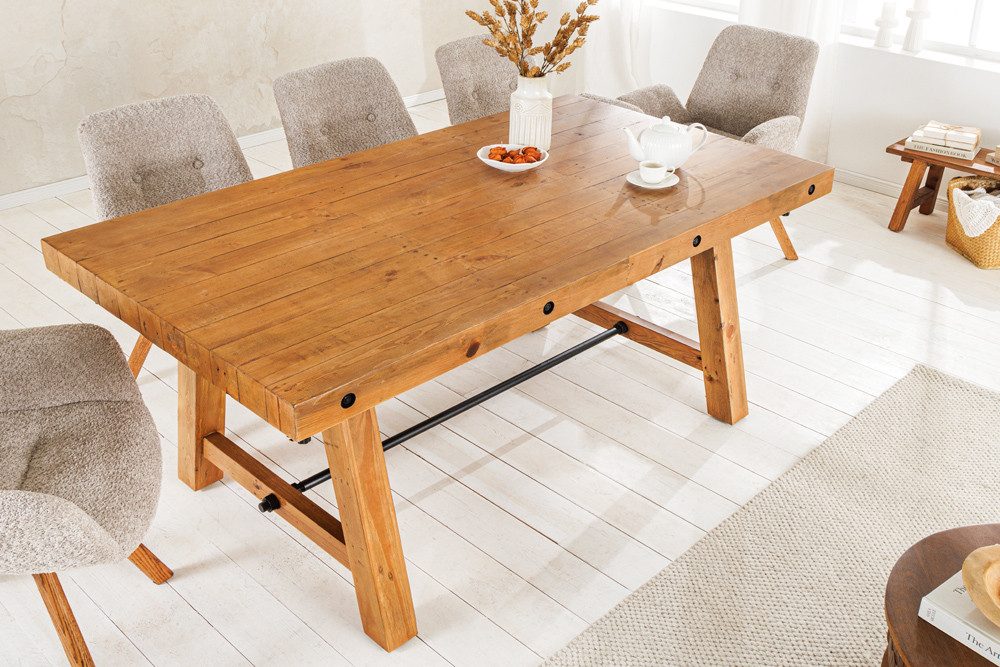 riess-ambiente Esstisch FINCA 165-240cm vintage braun - recyceltes Pinienholz, 2 Ansteckplatte (Einzelartikel, 1-St), Industrial Design mit Querstrebe – ideal für bis zu 12 Personen