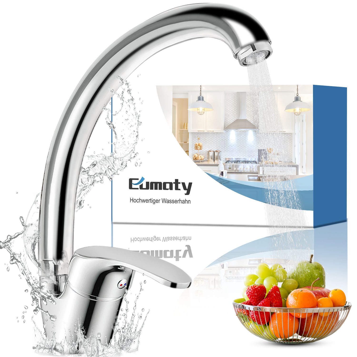 Eumaty Küchenarmatur Spültischarmatur aus Messing,360° Drehung- Wasserhahn Küche (Küchenarmatur mit 60 cm langen G1/2-Anschlussschläuchen und G3/8-Gewindeadaptern geliefert, 1-St., Mischbatterie mit 60CM Heißer und Kalter Schlauch) Hochdruck Küchenarmatur,Armatur Küche mit Keramikkartusche