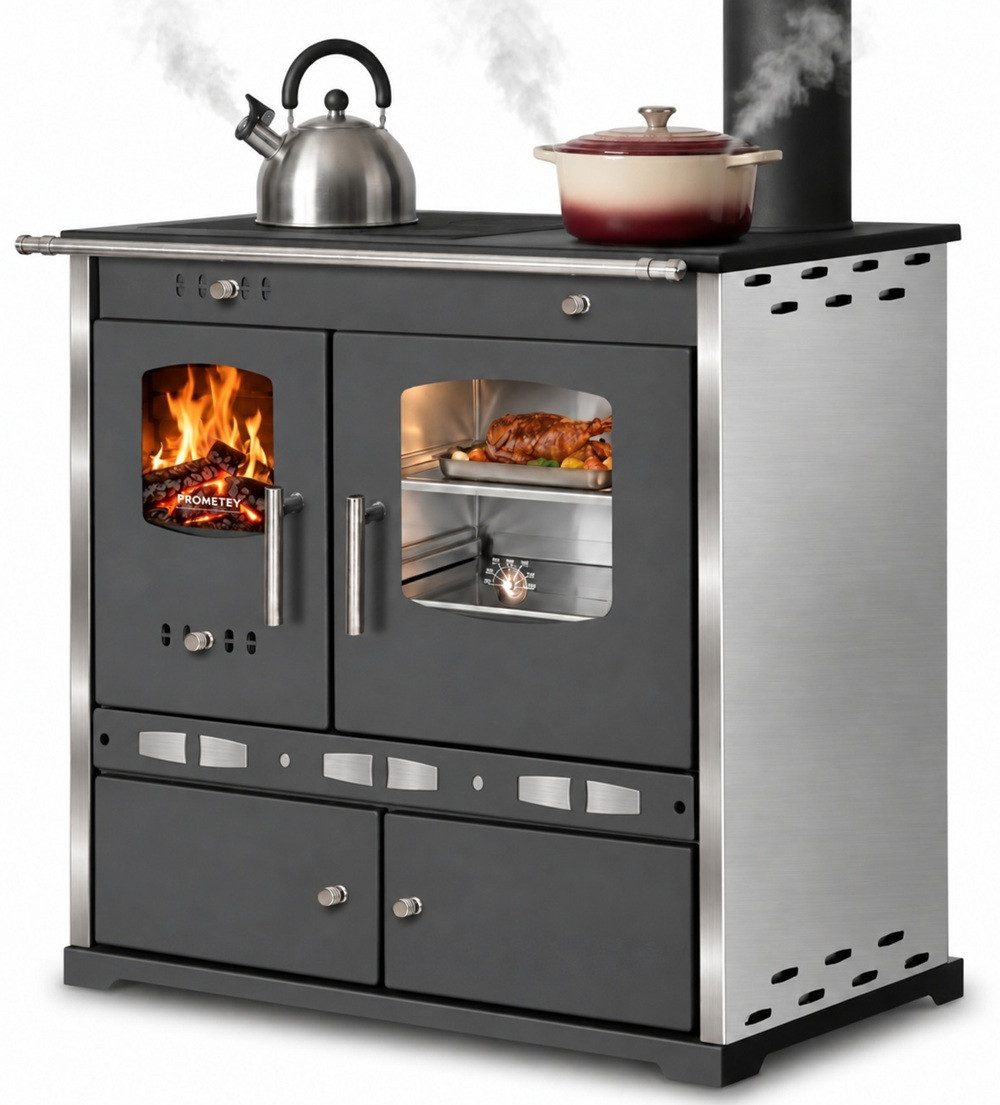 Prometey Festbrennstoffherd ECO LUX INOX, Edelstahlbackfach, Edelstahlverkleidung, 7.1 kW