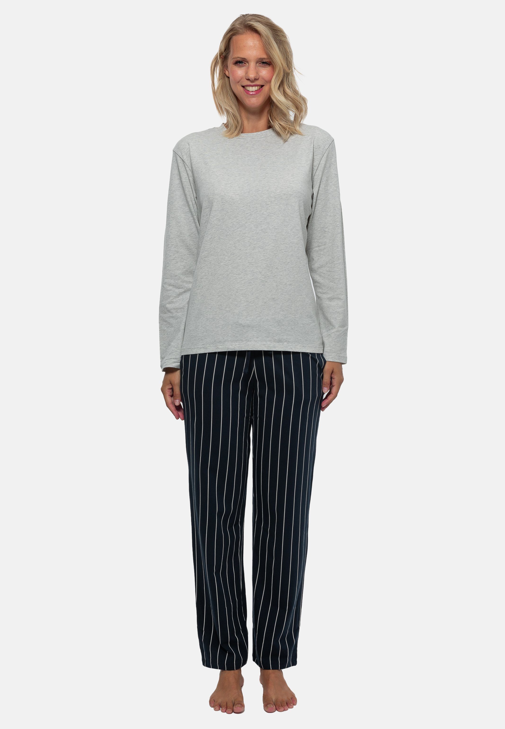 Schiesser Pyjama Organic Cotton (Set, 2 tlg) Schlafanzug - Baumwolle - Blau gestreift / Grau
