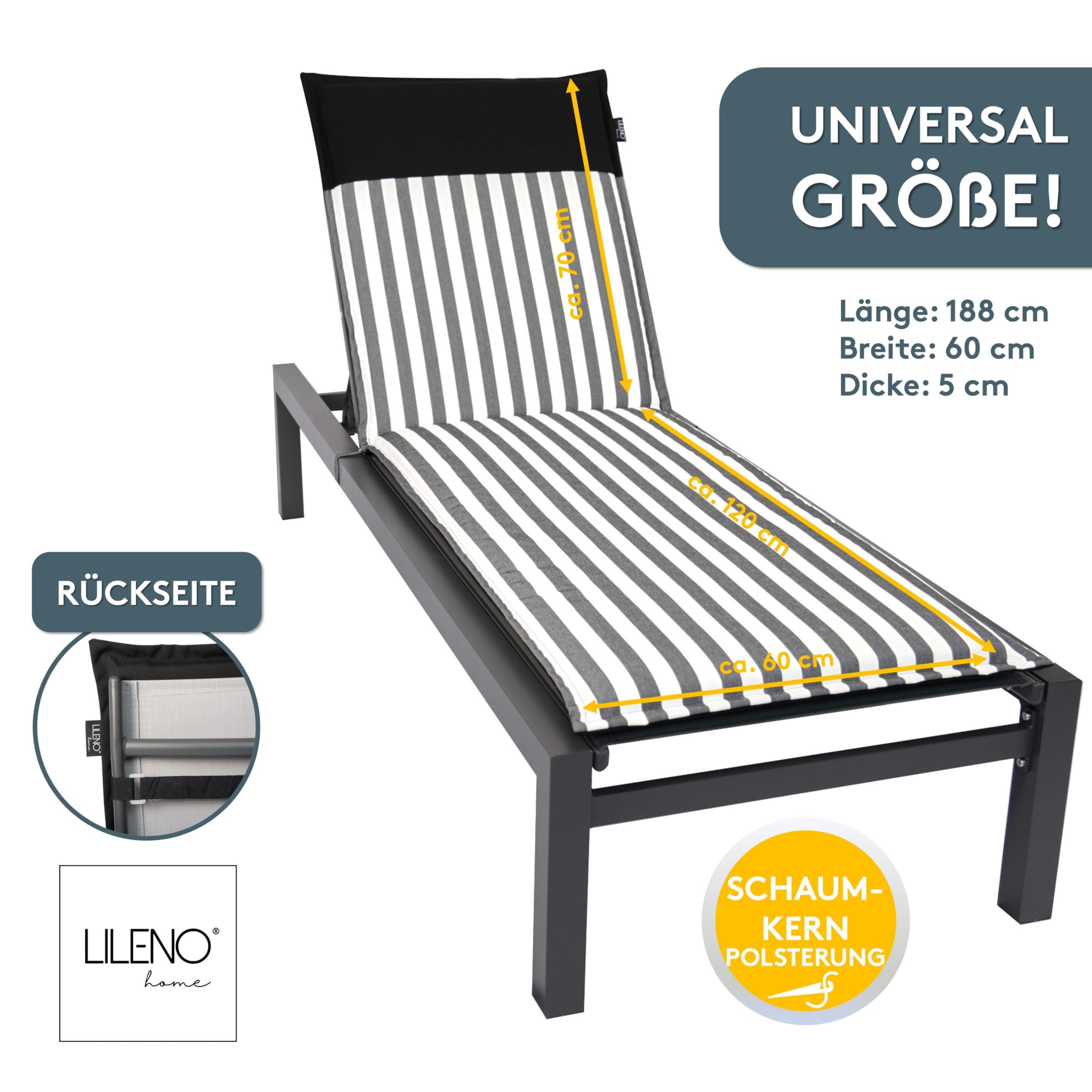 LILENO HOME Liegenauflage perfekt für Strandliegen, Sonnenliege Auflage, Gartenliege Auflage, (1er Set), Polsterauflage Streifen Schwarz, Auflagen für Gartenliegen