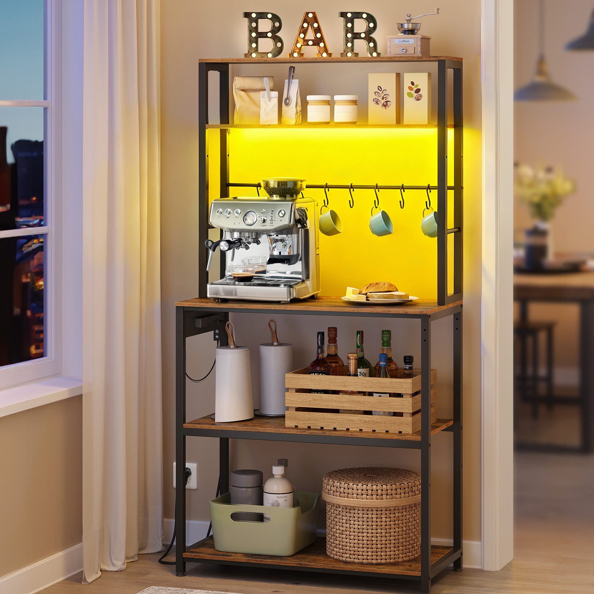 VASAGLE Standregal, mit LED-Beleuchtung, Steckdosen, verstellbaren Ablagen, 8 Haken