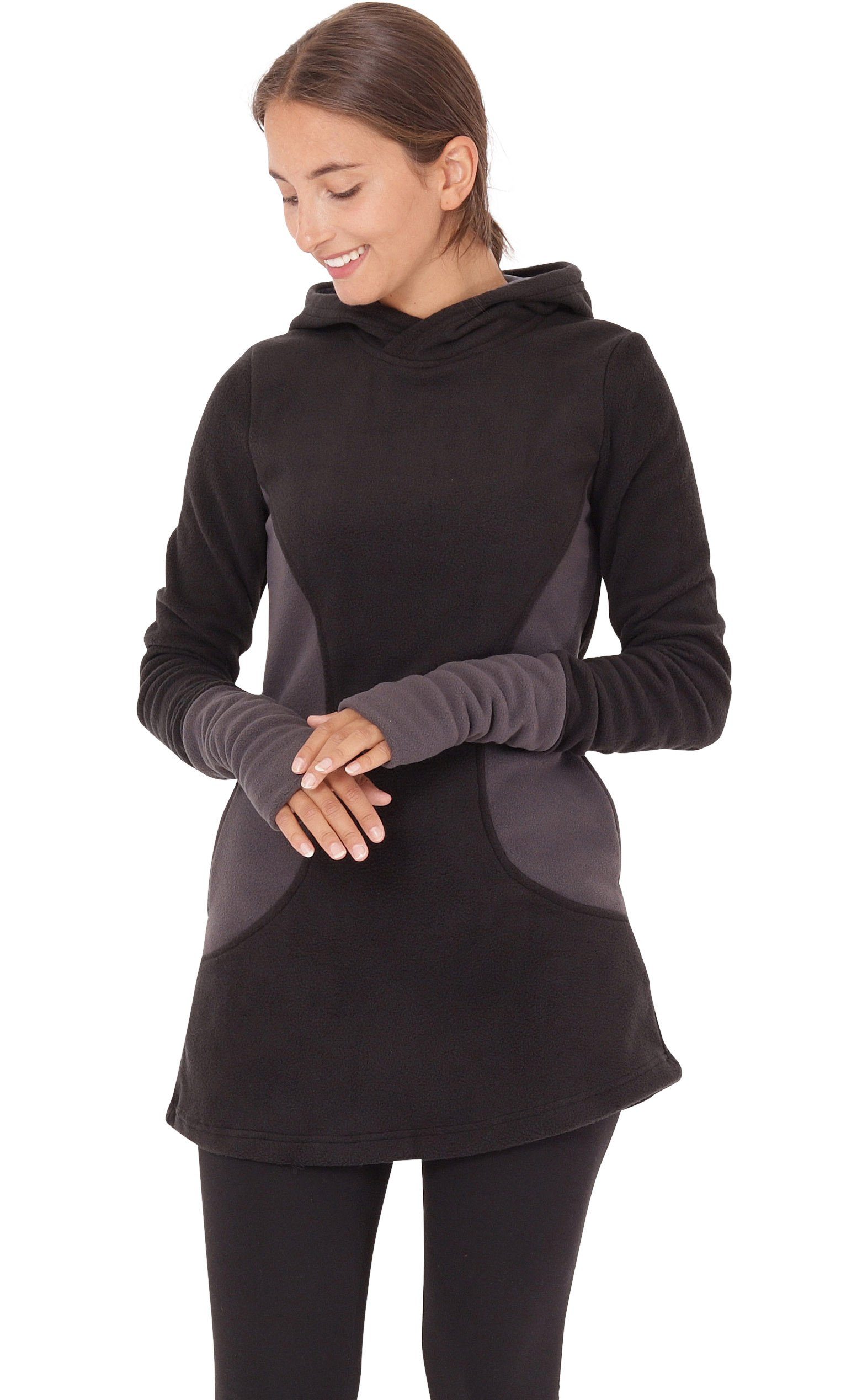 PUREWONDER Kapuzenpullover Fleece Kleid und Pullover dr12 mit Kapuze und Taschen Grau