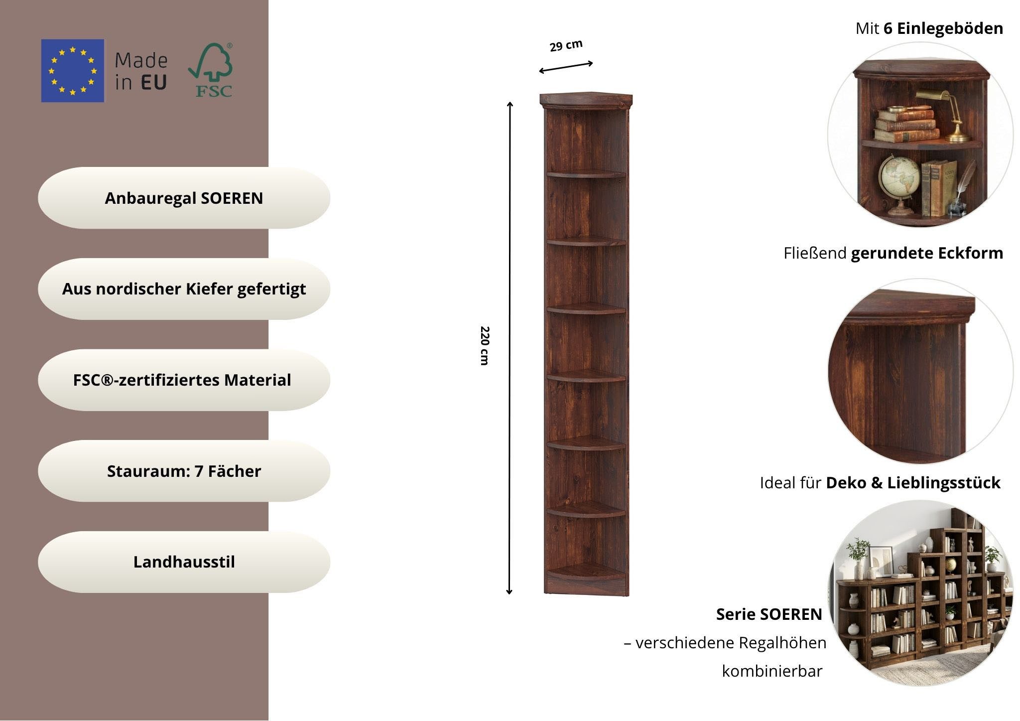 OTTO home Anbauregal Soeren Abschlussregal Höhen 97 bzw. 220 cm, aus massiver Kiefer, passend für Tiefe 29 cm, FSC®-zertifiziert