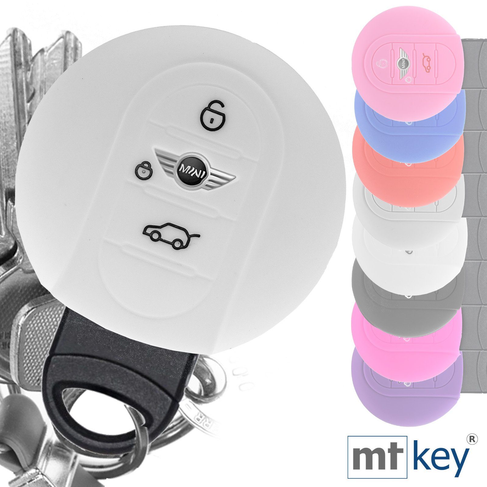 mt-key Schlüsseltasche Autoschlüssel Softcase Silikon 3 Schutzhülle F57 Tasten F56 für KEYLESS Countryman F54 F55 F60 Weiß, Mini Clubman
