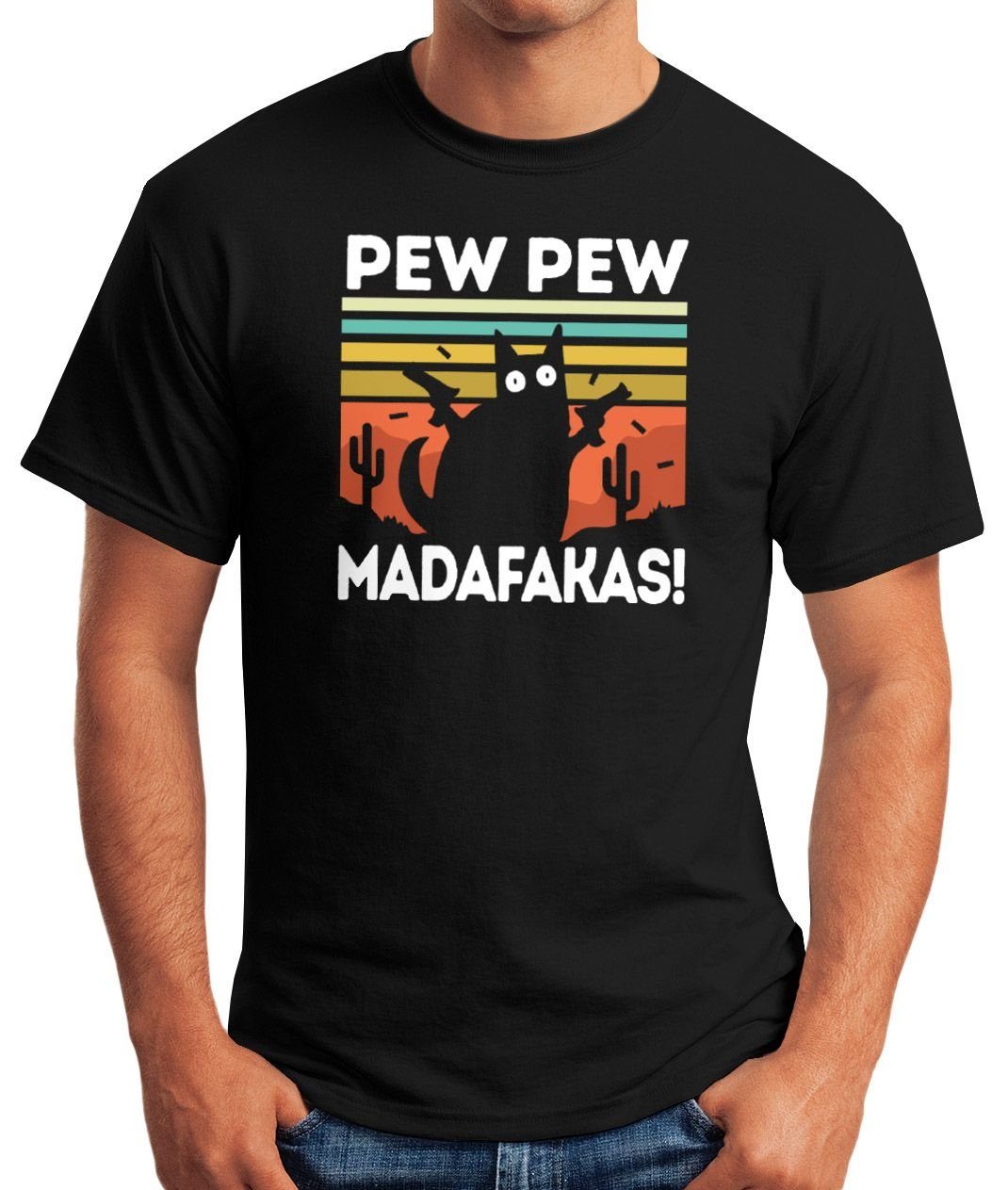 MoonWorks Print-Shirt Herren T-Shirt Pew Pew Madafakas! schwarze Katze Fun- günstig online kaufen