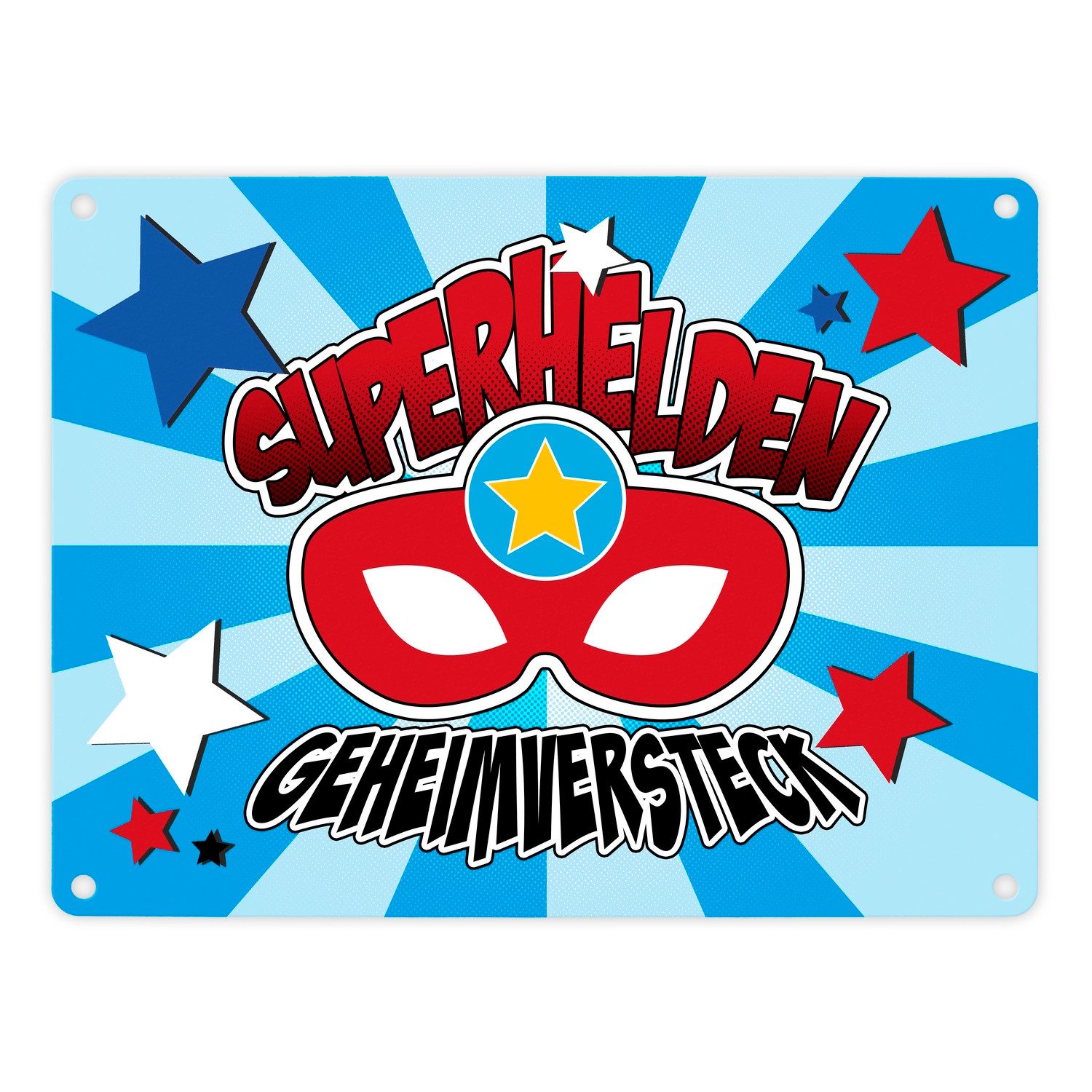 Metallschild Superhelden Geheimversteck Metallschild in 15x20 cm im Comicdesign