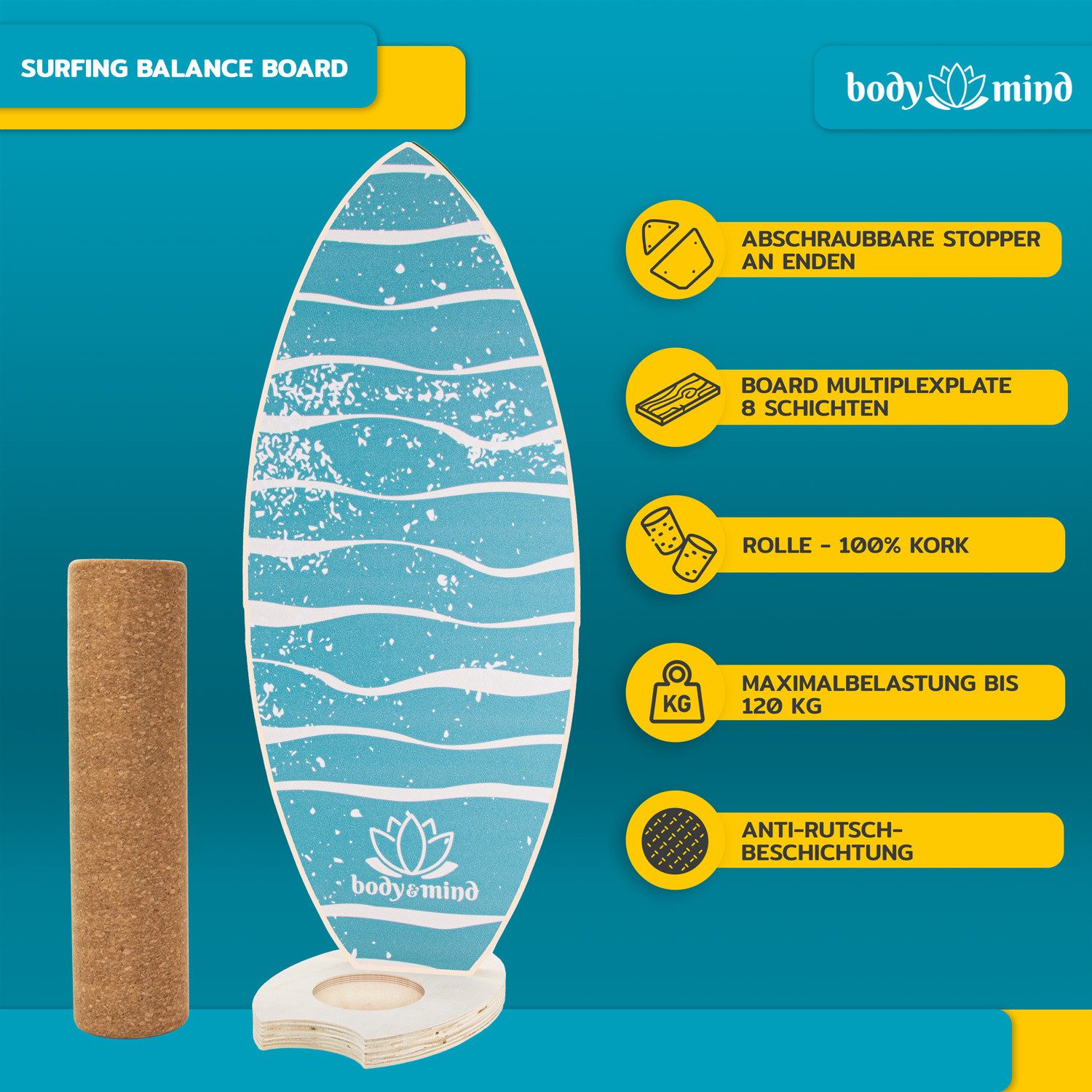 Body & Mind Balanceboard Surf Balance Board – Holz Wackelbrett mit Korkrolle + Ständer & E‑Book, Trainiert Gleichgewicht & Koordination