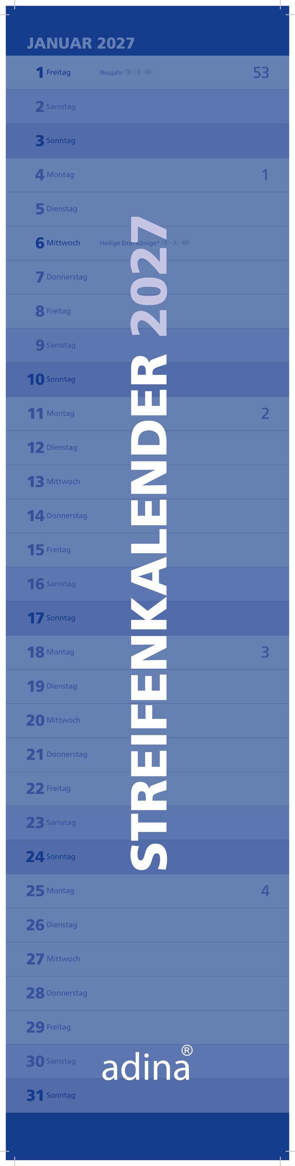ADINA Wandkalender 2027 ADINA Streifenkalender XXL blau 64x15cm Monatskalender