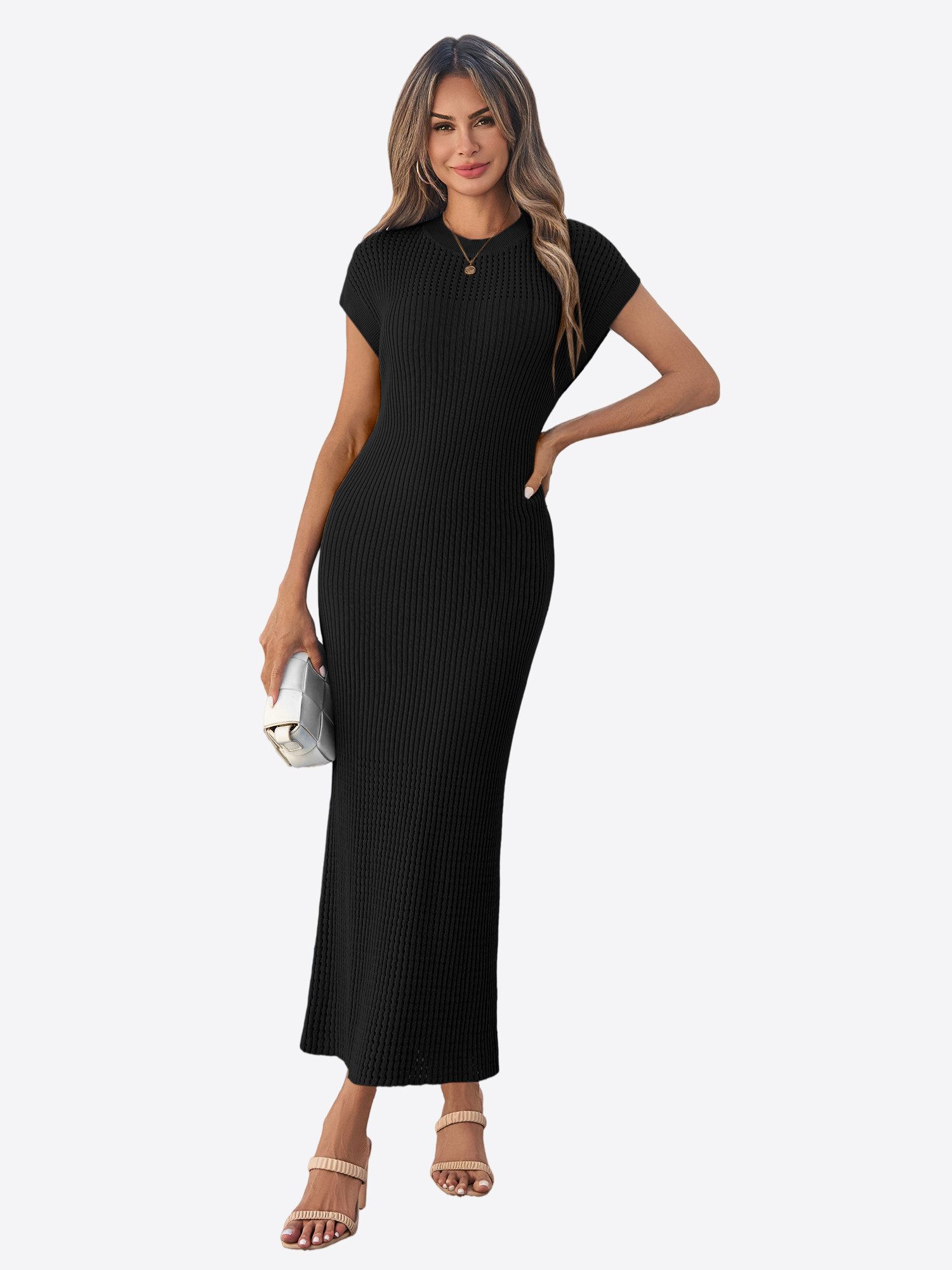 Imily Bela Strickkleid Damen mit Kurzarm und Rundhals Casual (Packung, 1-tlg., 1per-Pack) in Unifarbe mit Lochmustern und Rippstrick