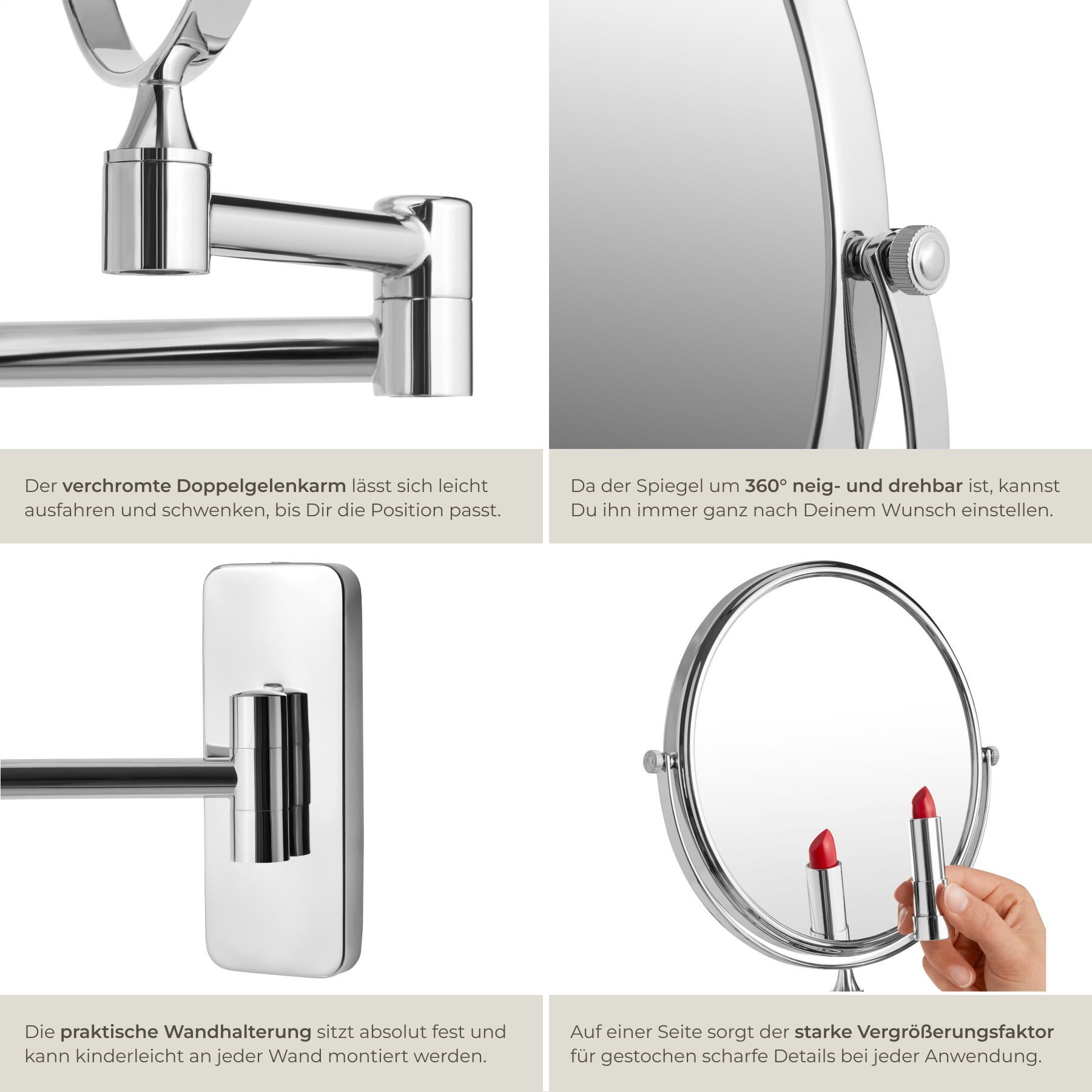 tectake Kosmetikspiegel Rasierspiegel, doppelseitig, Ø 20 cm, 360° neig- und drehbar (Schminkspiegel, in silber), 5-fach Vergrößerung, ausziehbar, verchromter E – Bild 4 von 5
