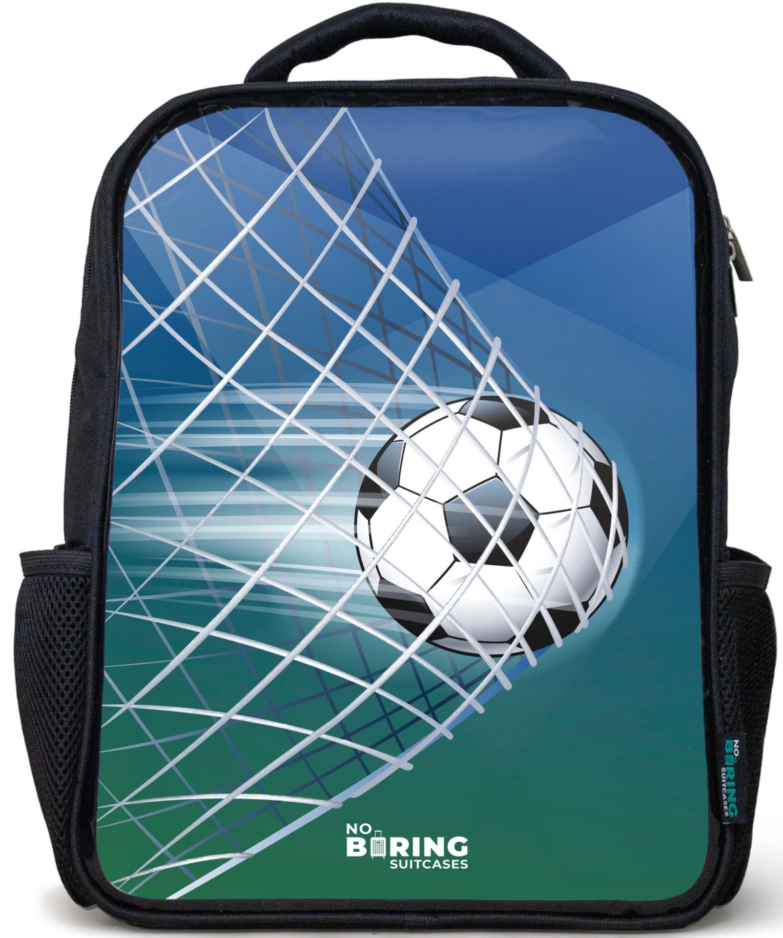 NoBoringSuitcases.com© Rucksack Schwarz - Ball im Tor, Kinderrucksack Schwarz, Schulrucksack, Freizeitrucksack Jungen Mädchen
