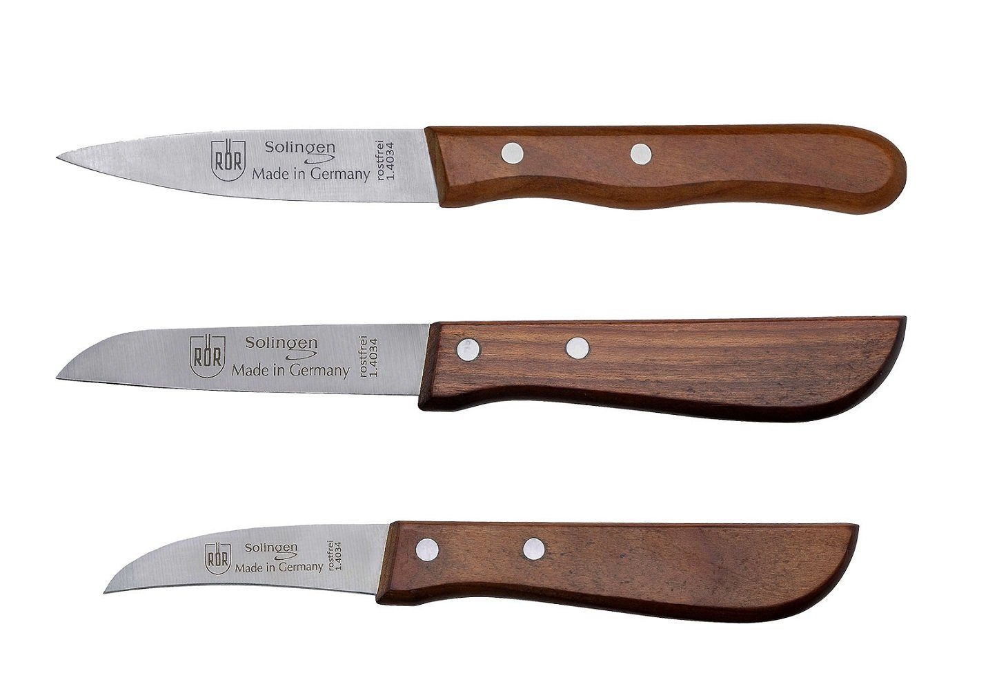 RÖR Messer-Set 10134-3, Schäl-/Küchenmesser - 3-teilig, polierter Naturholzgriff aus Kirschbaum - Made in Solingen | Messersets