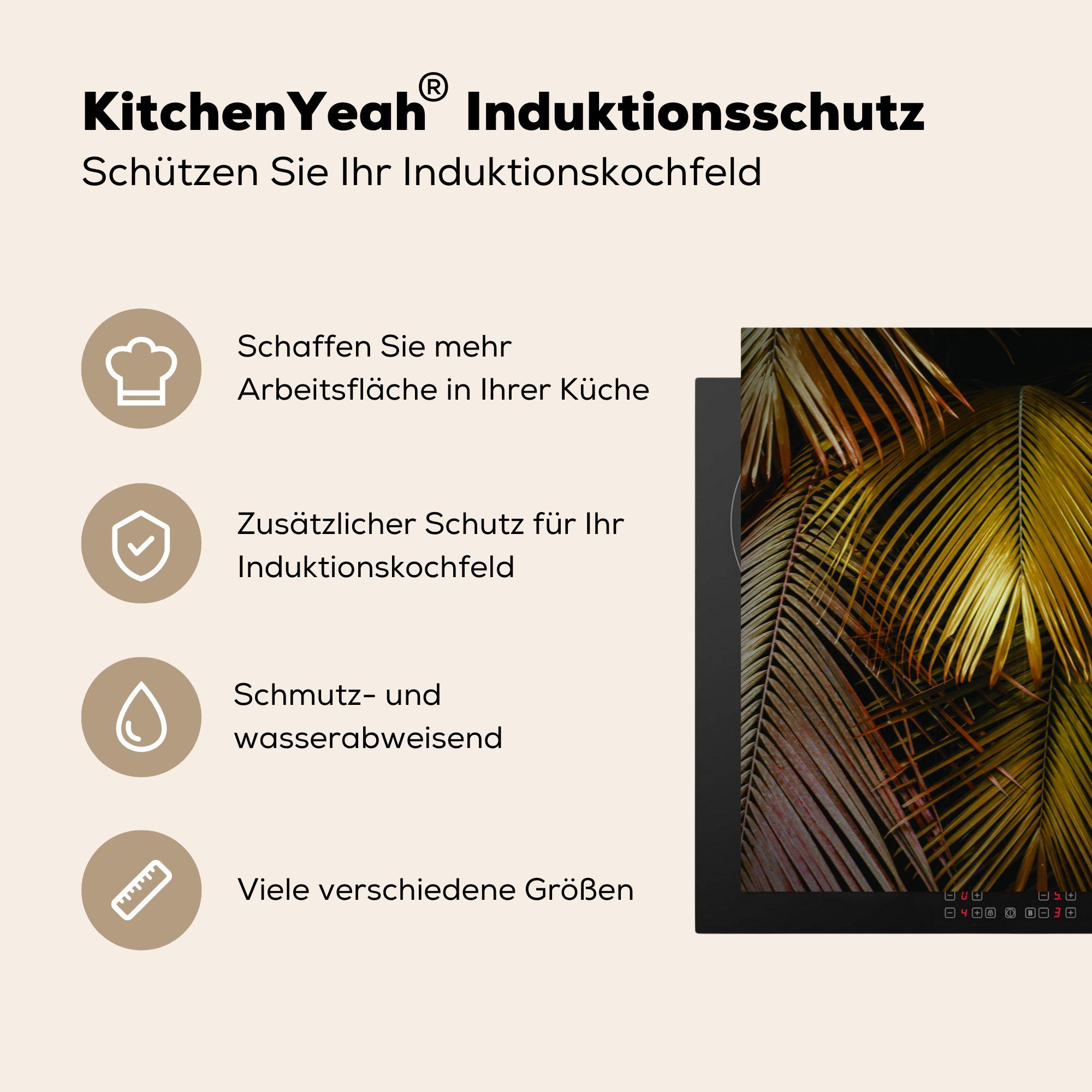 MuchoWow Herdblende-/Abdeckplatte Gold, Dschungel - Ceranfeldabdeckung, 78x78 Vinyl, - für küche Palme (1 cm, tlg), Arbeitsplatte
