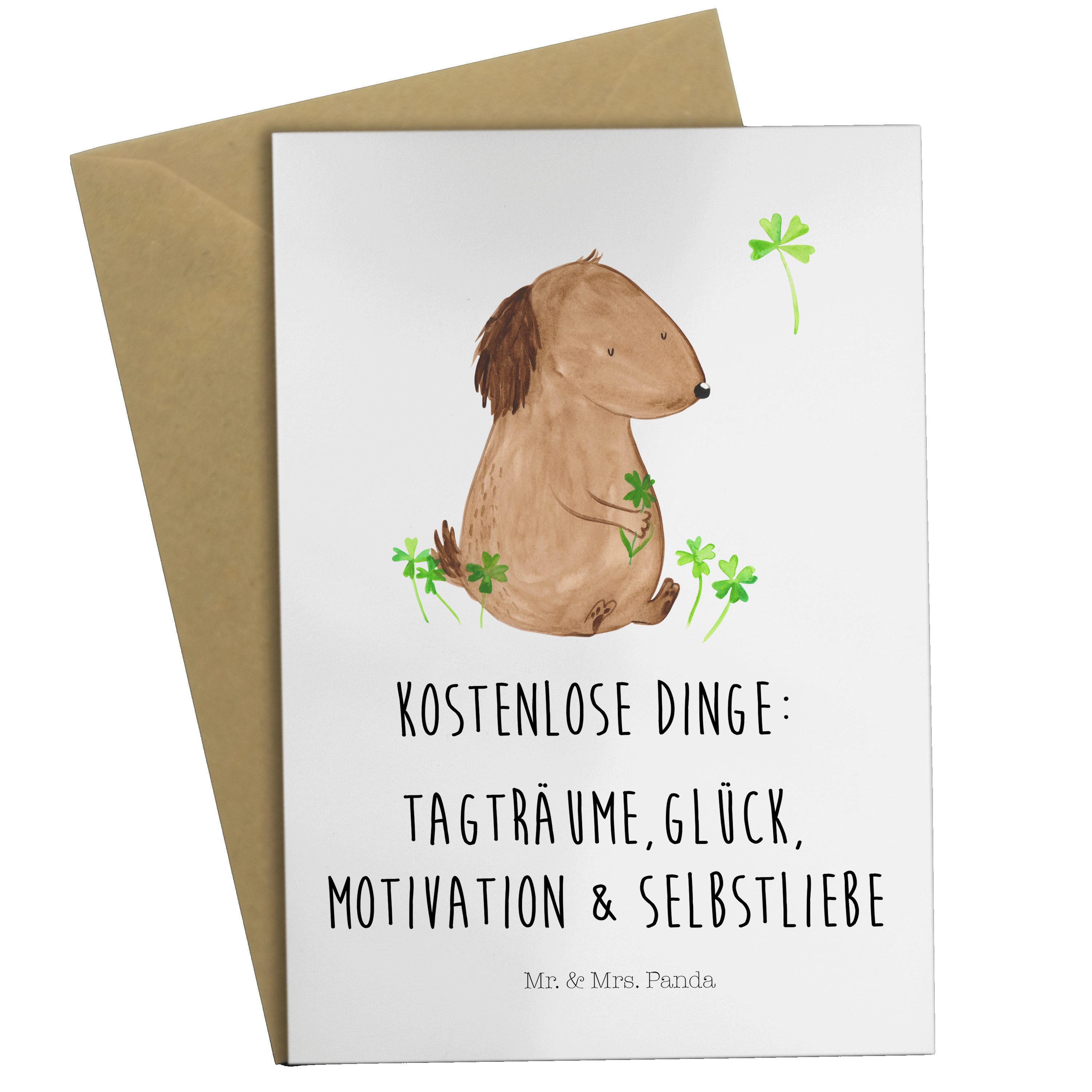 Mr. & Mrs. Panda Grußkarte Hund Kleeblatt - Weiß - Geschenk, Hundemama, Selbstliebe, flauschig | Grußkarten