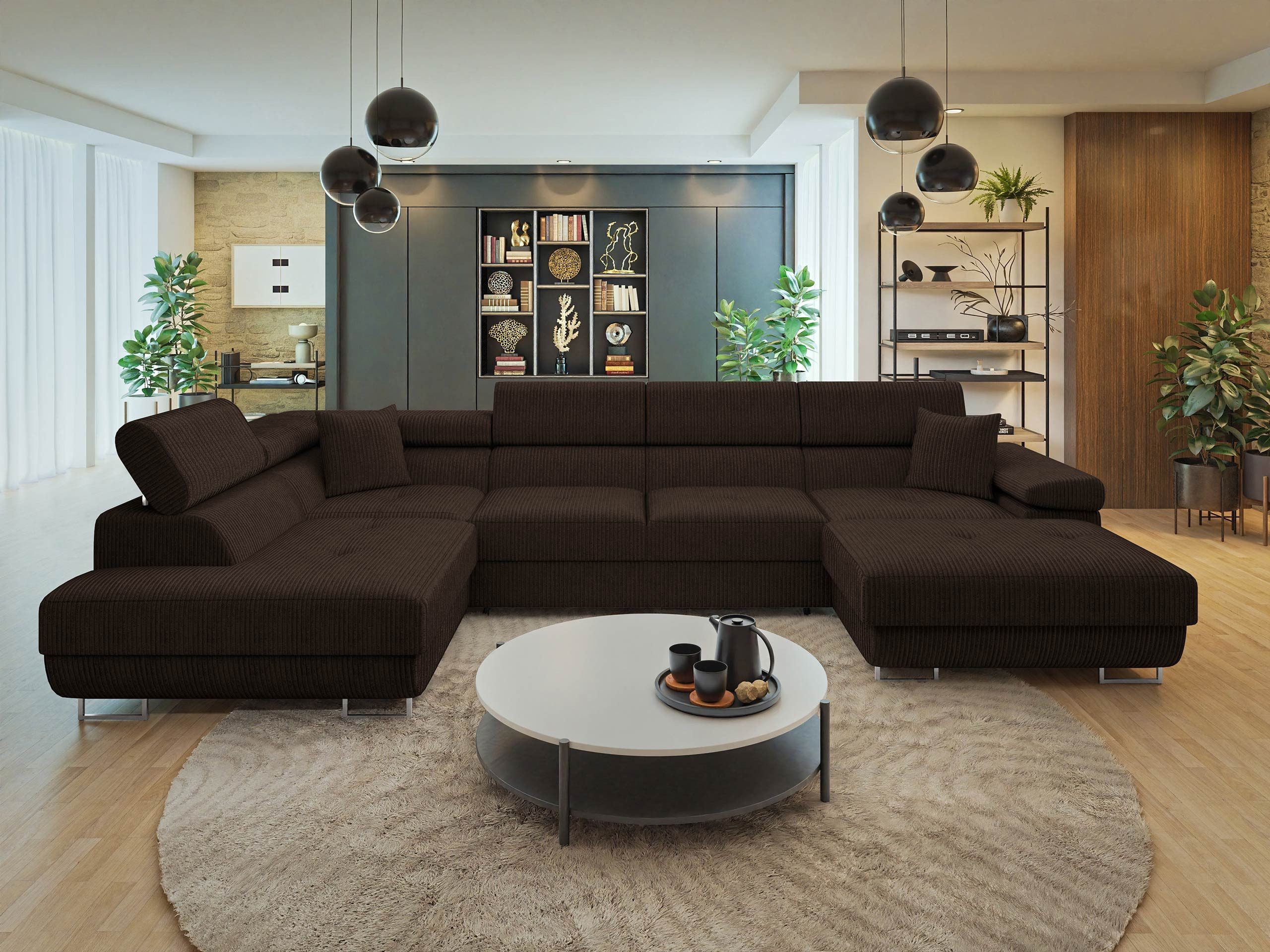 MIRJAN24 Wohnlandschaft Torezio Bis Cord, mit Bettkasten und Schlaffunktion, Einstellbare Kopfstützen, 346x203x70-90 cm, U-Form