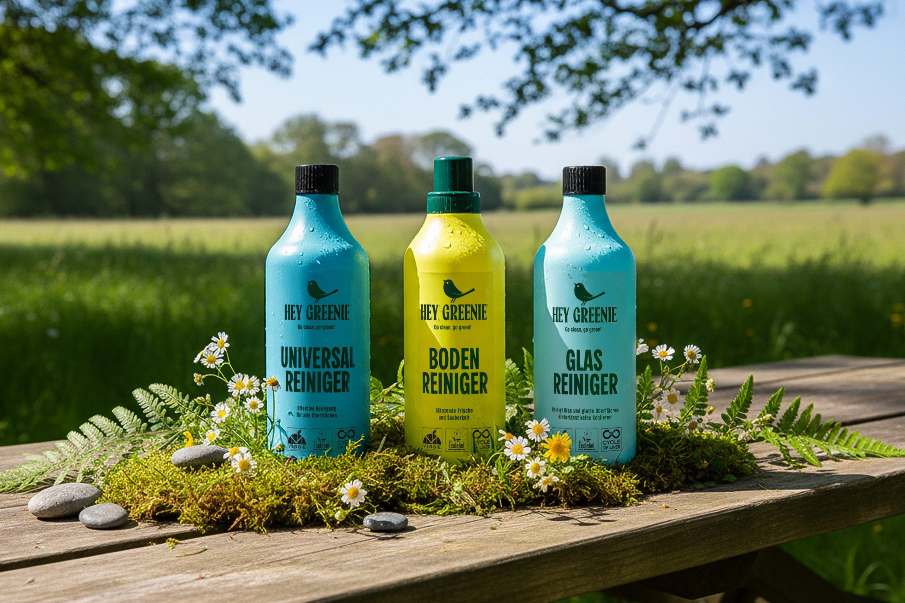 KONSIMO® Reinigungs-Set HEY GREENIE Bio-Reinigungsmittel-Set, vegane Formel, Made in Germany, (3-St., Bodenreiniger/Glasreiniger/Universalreiniger), ökologische, vegane Formel, inspiriert vom Duft luxuriöser Parfums