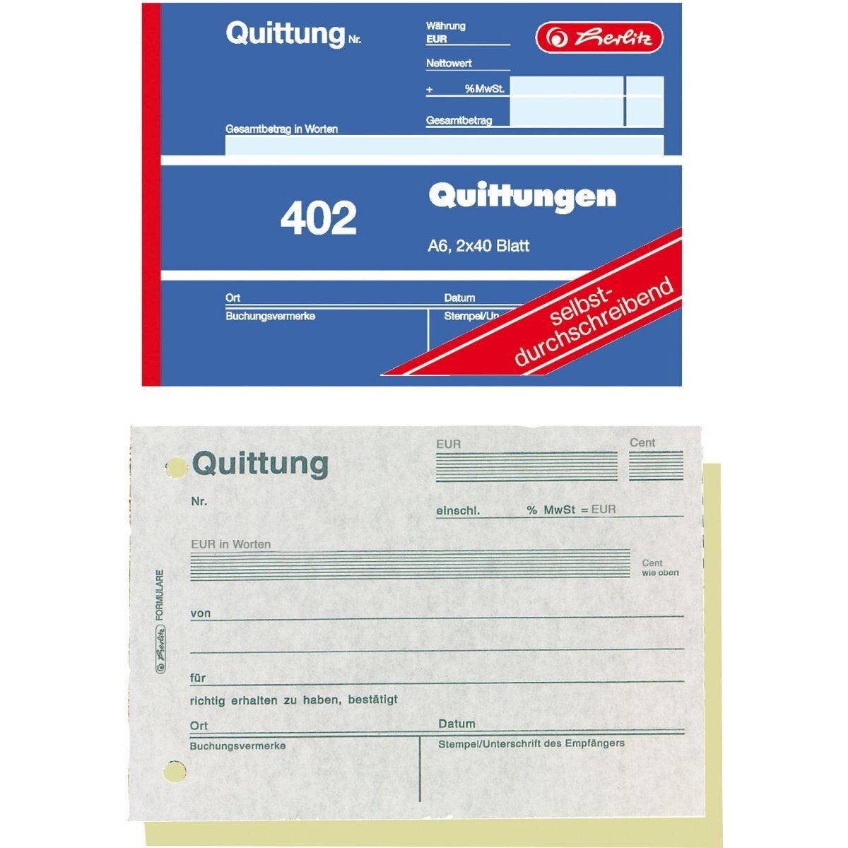 Herlitz Formularblock Formularbuch Quittung A6 402 2x40 Blatt selbstdurchschreibend VE=4 Stü