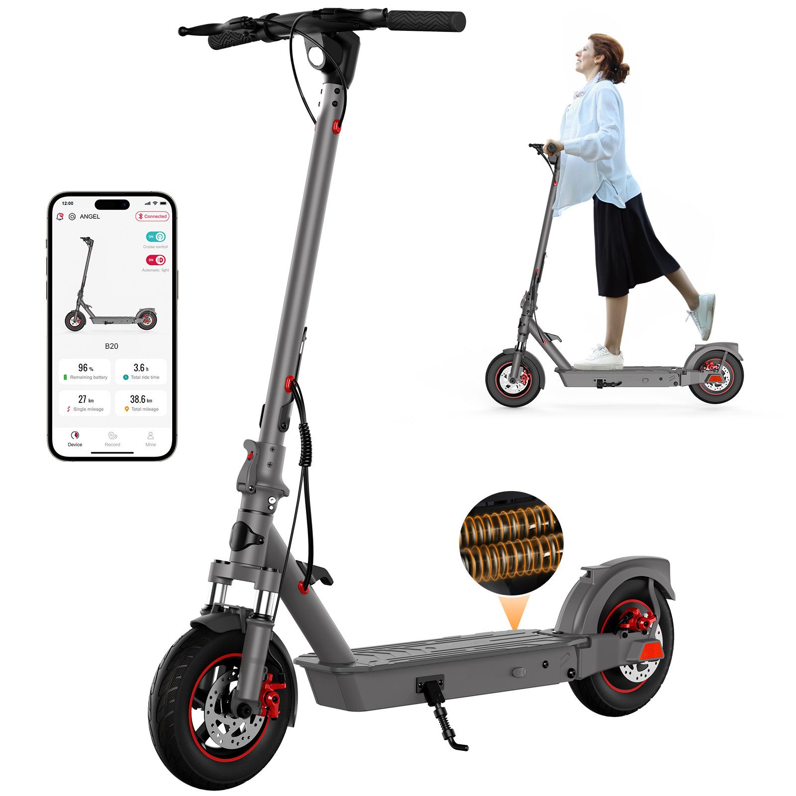 SISIGAD E-Scooter 10'' Elektroroller Erwachsene, 20 km/h, 42 km Reichweite, 36V 10,4Ah, (Inklusive Schutzbleche), Faltbarer E-Scooter mit Bluetooth App, Vorder- und Hinterradfederung
