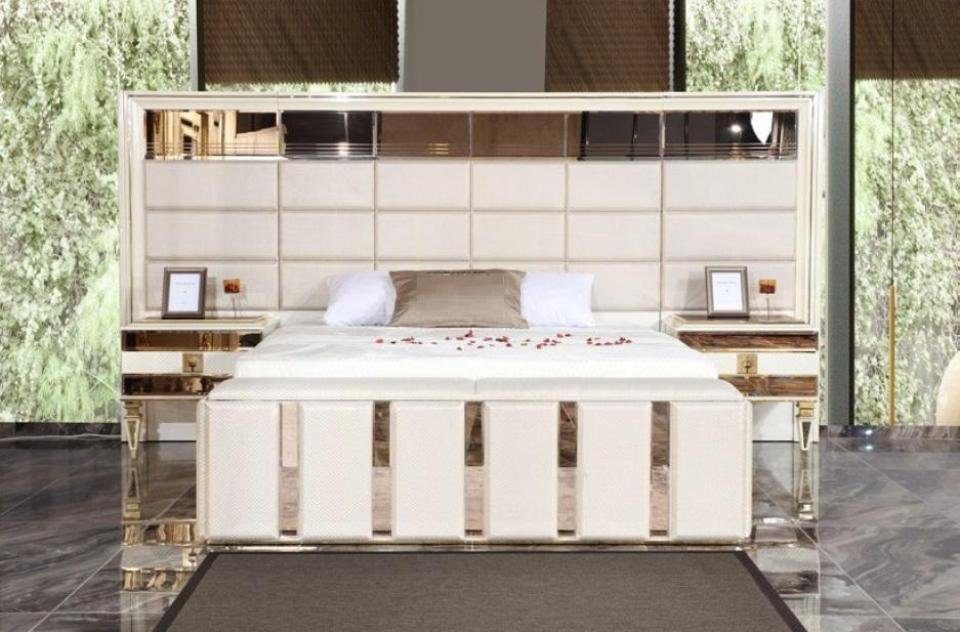 JVmoebel Schlafzimmer-Set Beige Schlafzimmer Luxus 3tlg (Bett Doppelbett Neu, Gold + Made in Set Nachttische), Europe Modern 2x Garnitur