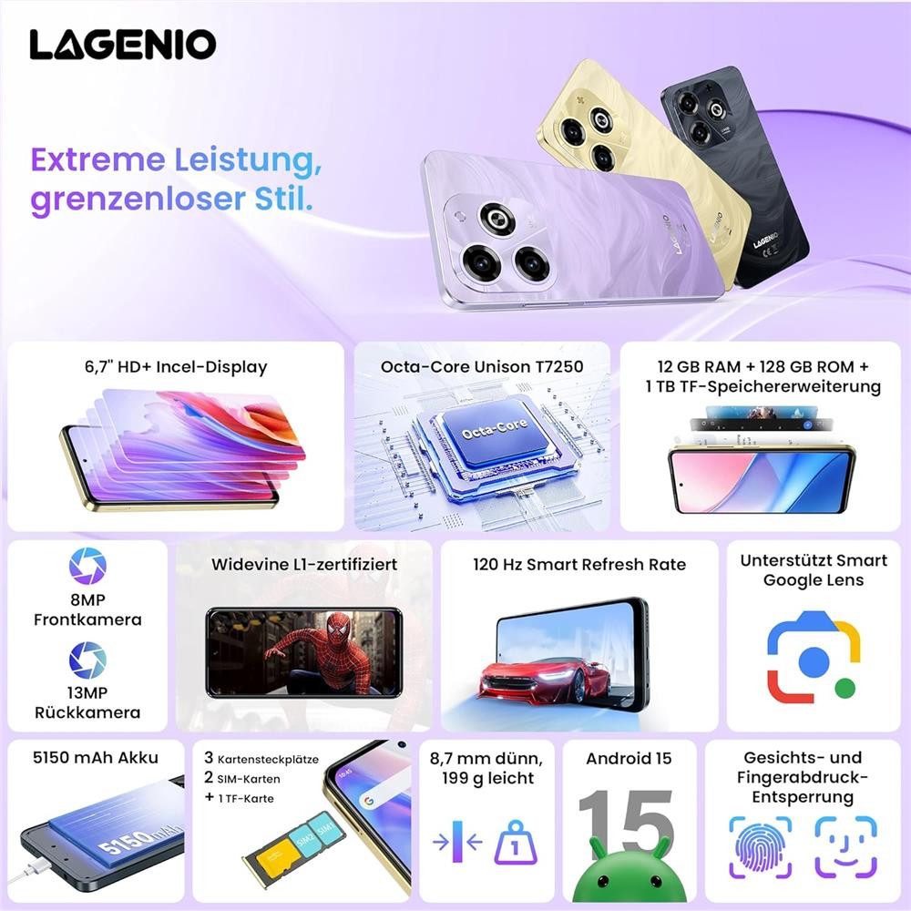 LAGENIO A11 6,7" 120 Hz HD+ Display Kratzfest 5150 mAh 12GB RAM + 128GB Smartphone (13 MP Kamera, lange Akkulaufzeit, 120 Hz Display, Handy mit Android 15, ohne Vertrag)