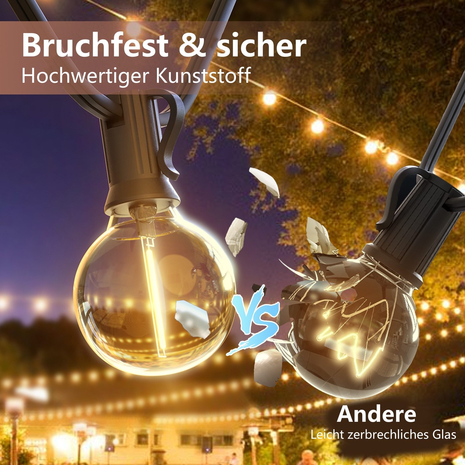 Elegear Lichterkette outdoor strom 9/18M LED lichterkette außen/indoor mit Timer, 8 Modi, gartenleuchte mit 30+3 G40 Glühbirnen für Balkon,Hof,Hochzeit, Party – Bild 5 von 5