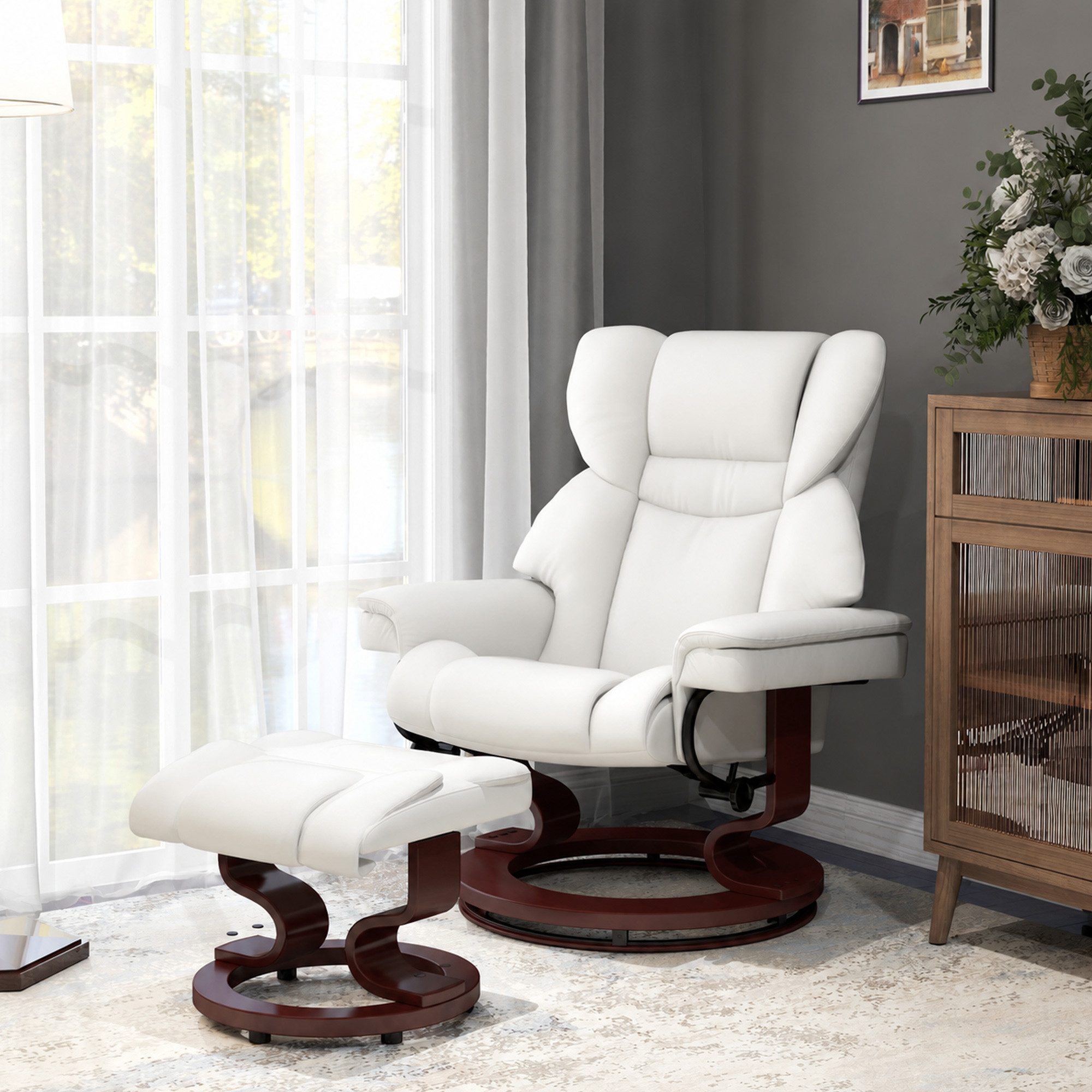 HOMCOM Massagesessel Fernsehsessel mit Hocker, 360°drehbarer, Massage, Kunstleder (Relaxsessel, 2-St., Fernsehsessel), mit Fernbedienung, Seitentasche, für Wohnzimmer, Kunstleder, Creme