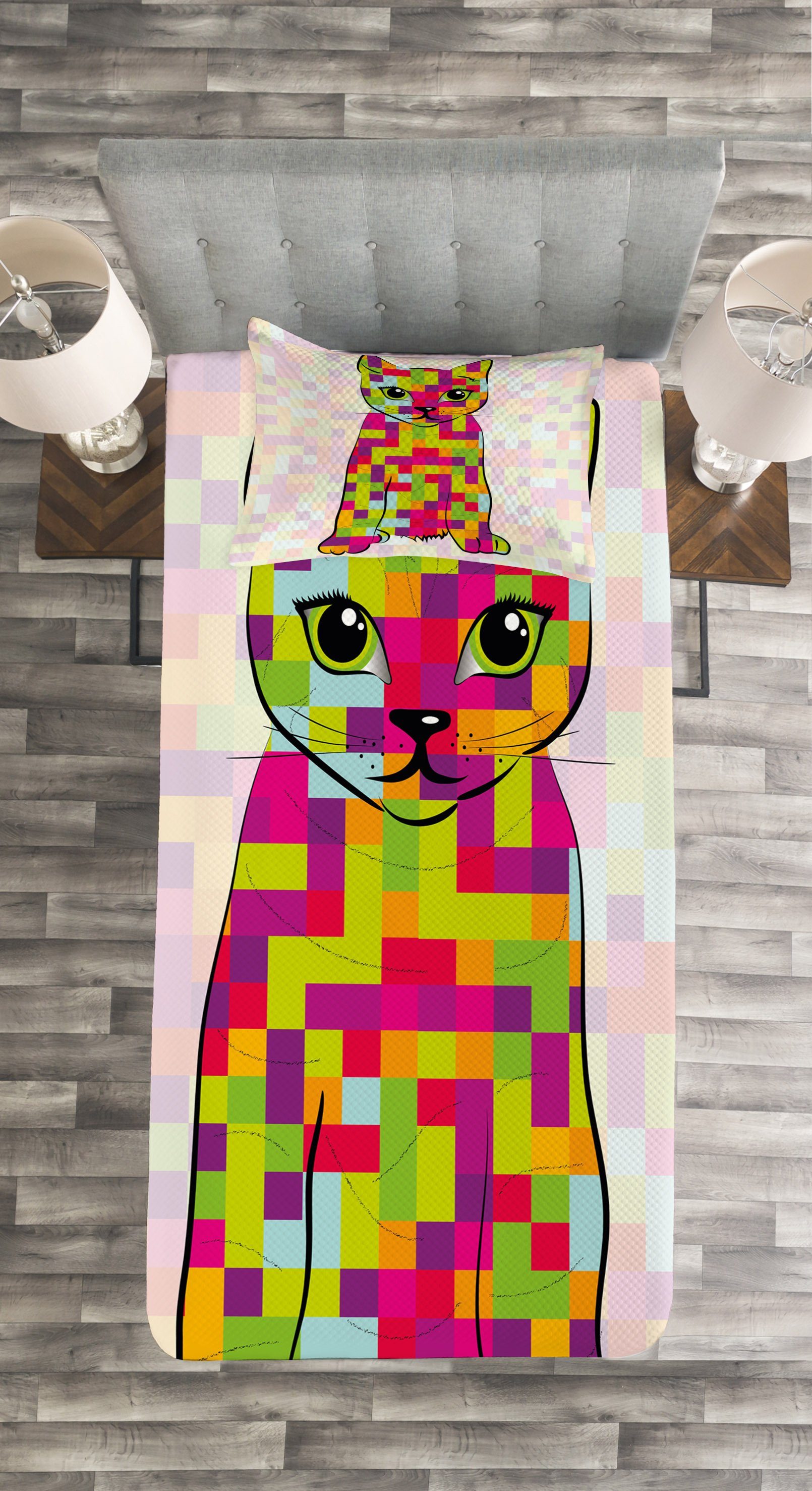 Tagesdecke Set mit Cat Modern Kissenbezügen Waschbar, Digital-Farben Abakuhaus