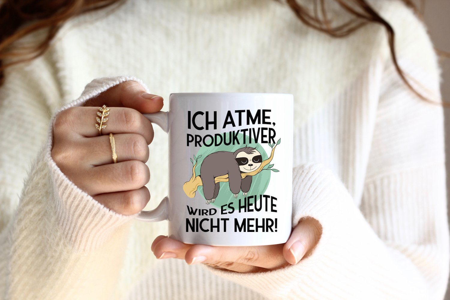 Youth Designz Tasse Ich atme, Produktiver es Kaffeetasse lustigem mit mehr Print heute wird Weiss Keramik, Geschenk, nicht