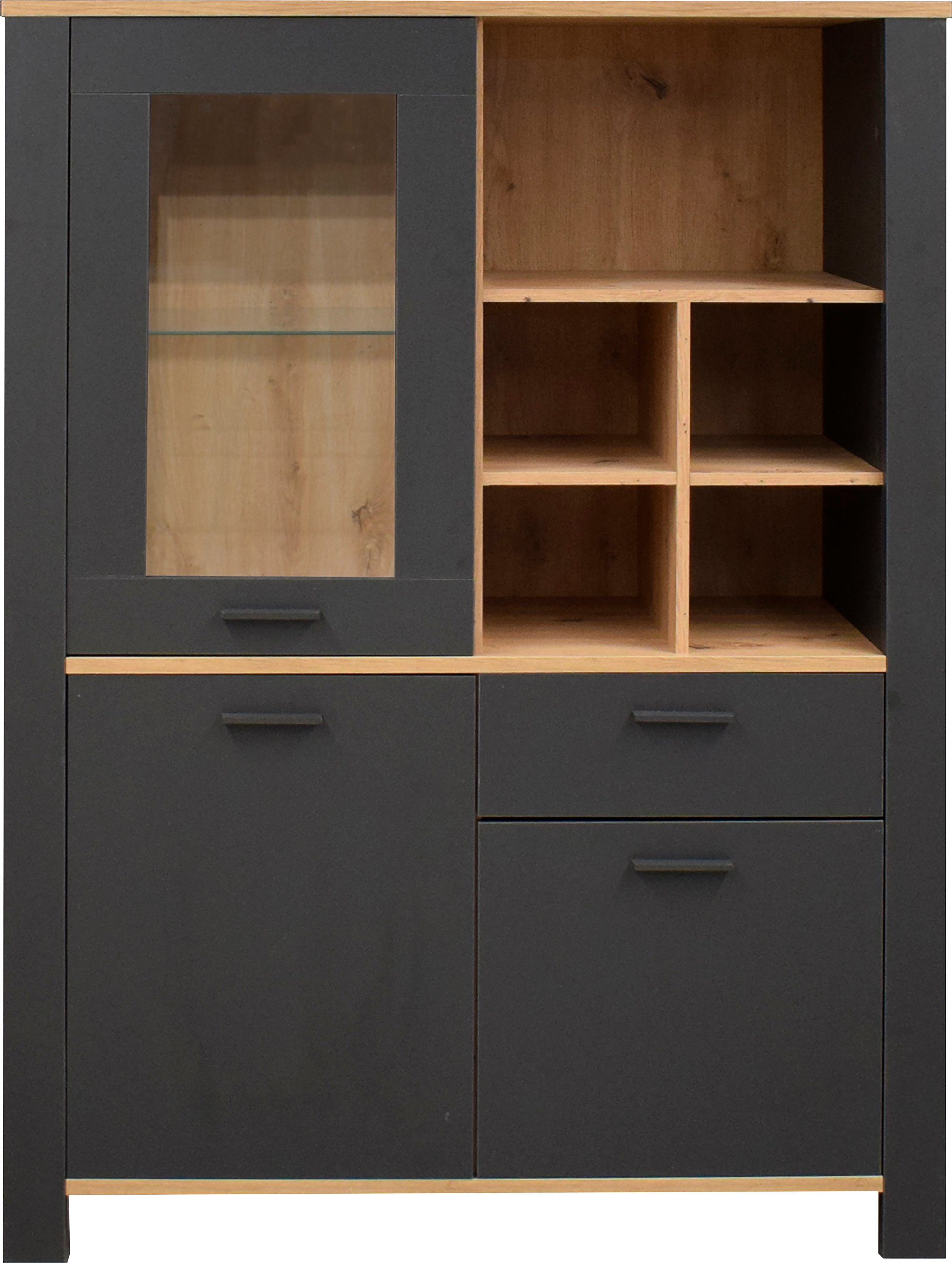 Mäusbacher Hochschrank Nele Breite 111 anthrazit matt lack/asteiche matt | cm anthrazit lack