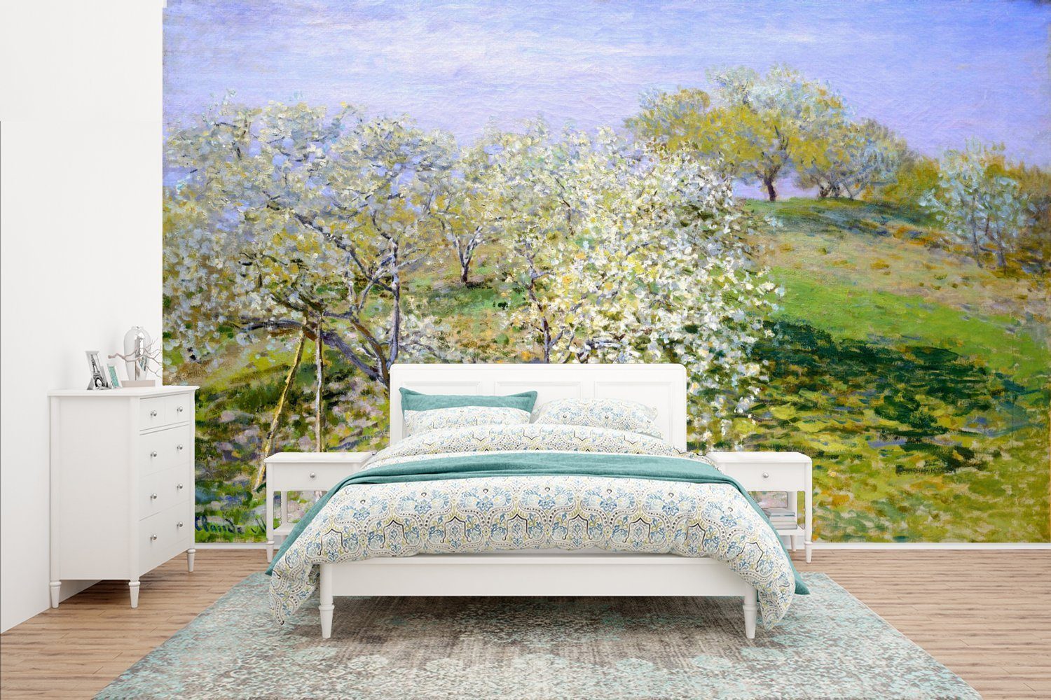 MuchoWow Fototapete Blühende Apfelbäume Tapete Gemälde (8 Wallpaper von Claude St), Schlafzimmer, Wohnzimmer, Matt, für Monet, Kinderzimmer, - Vinyl bedruckt