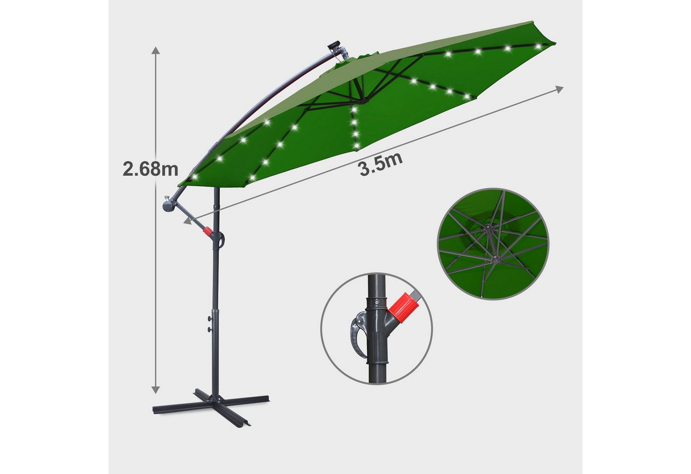 Thumbnail - Clanmacy Sonnenschirm Gartenschirm 350cm, Ampelschirm mit LED Solar um 360° drehbar Grün, LxB: 350x350 cm, Stabiler knic...