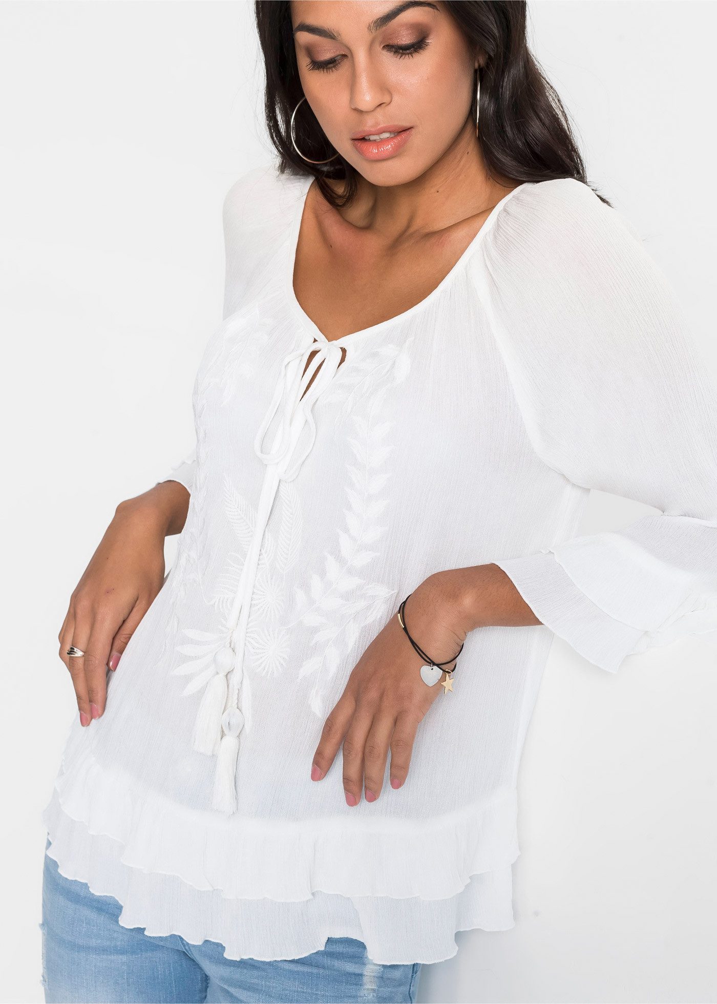 bonprix Tunika (1-tlg) A-Linien-Passform, mit 3/4-Ärmeln, gleichfarbige Stickerei