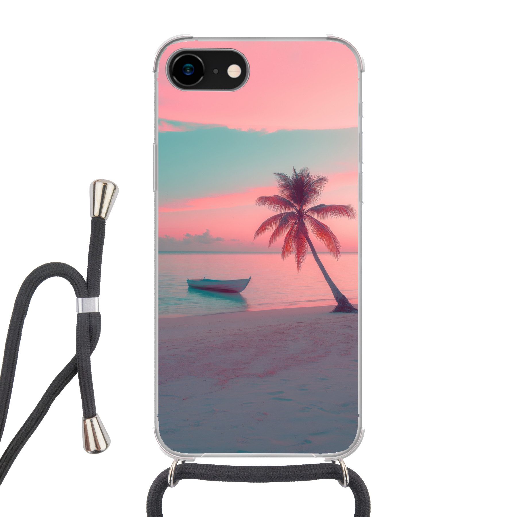 MuchoWow Handyhülle für Apple iPhone 8 Meer - Boot - Sonnenuntergang, Tragbare Handyhüllen mit Kette zum umhängen, Handykette Handyband
