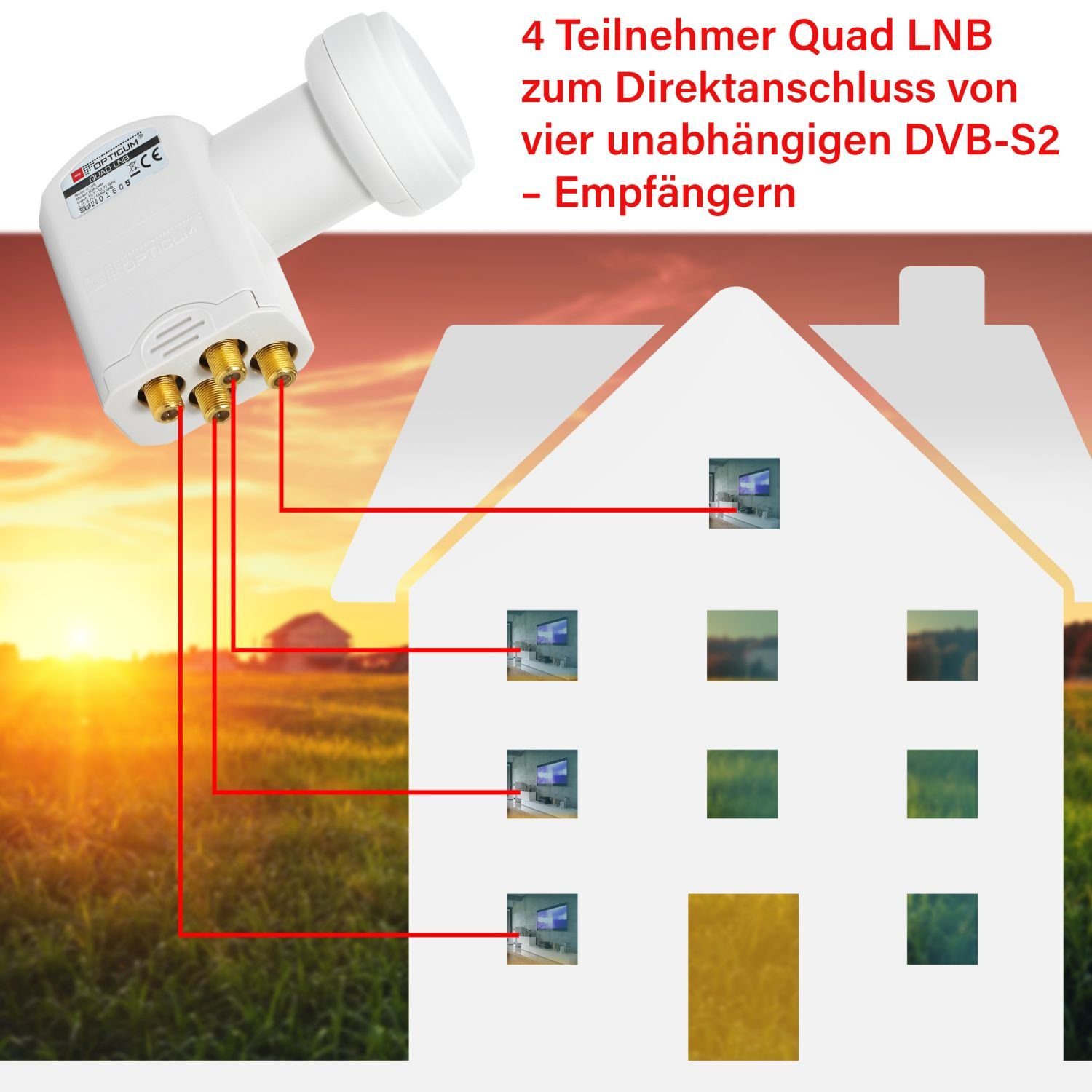LQP-04H OPTICUM RED Universal-Quad-LNB - Quad 0.1dB 4-fach nur LNB mit Rauschmaß, Wetterschutz) (Digital-LNB