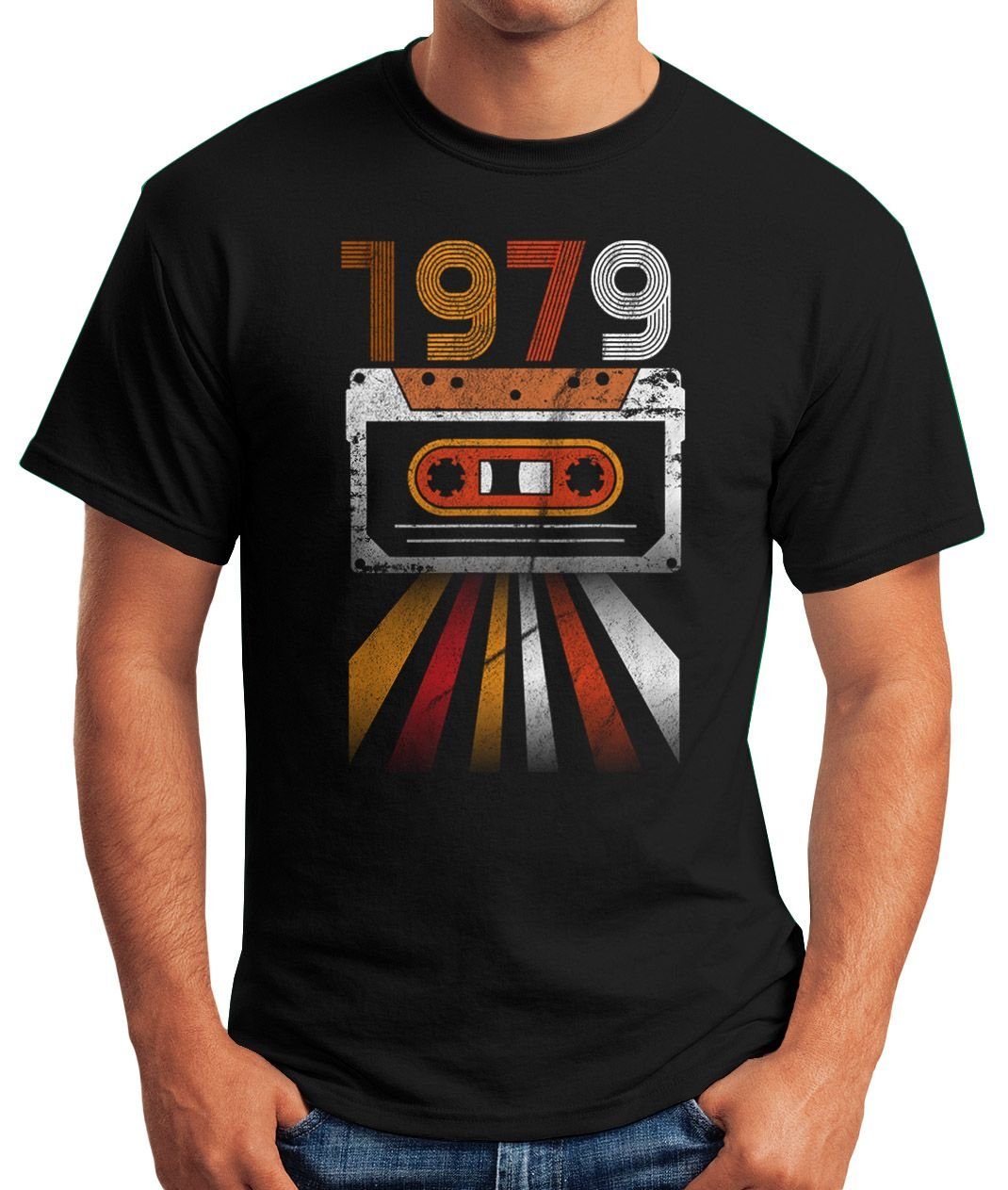 Herren Geschenk-Shirt 70er Vintage Print mit Moonworks® T-Shirt MoonWorks Jahre Print-Shirt Geburtstag 1979 schwarz Retro Siebziger