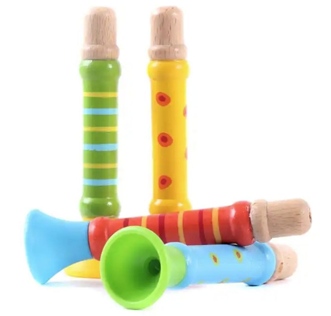 GICO Spielzeug-Musikinstrument Holz Trompetenpfeifen 4er-Set – Bunte Kinder-Tröten Mitgebsel- 7940