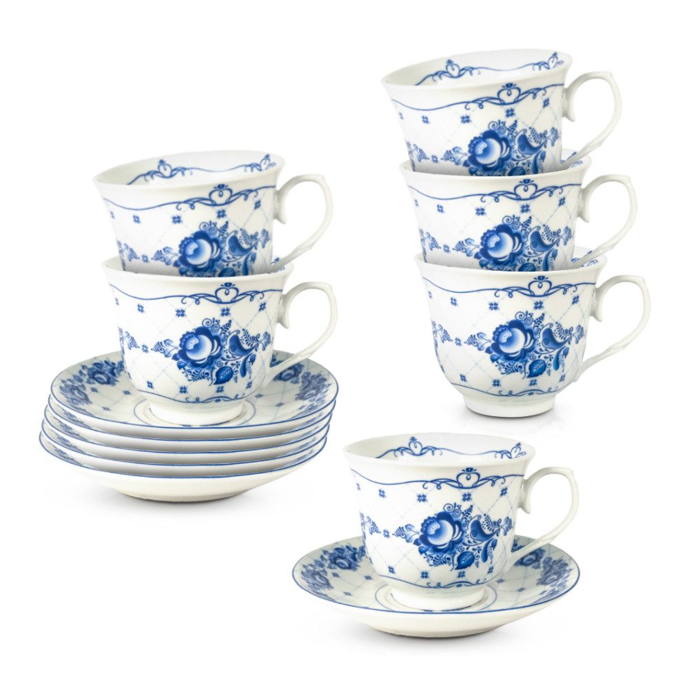 Teeservice Gschel Porzellan 12-teilig 6 Tassen 200 ml Untertassen Ø 14 cm Blau (12-tlg), 6 Personen, Porzellan