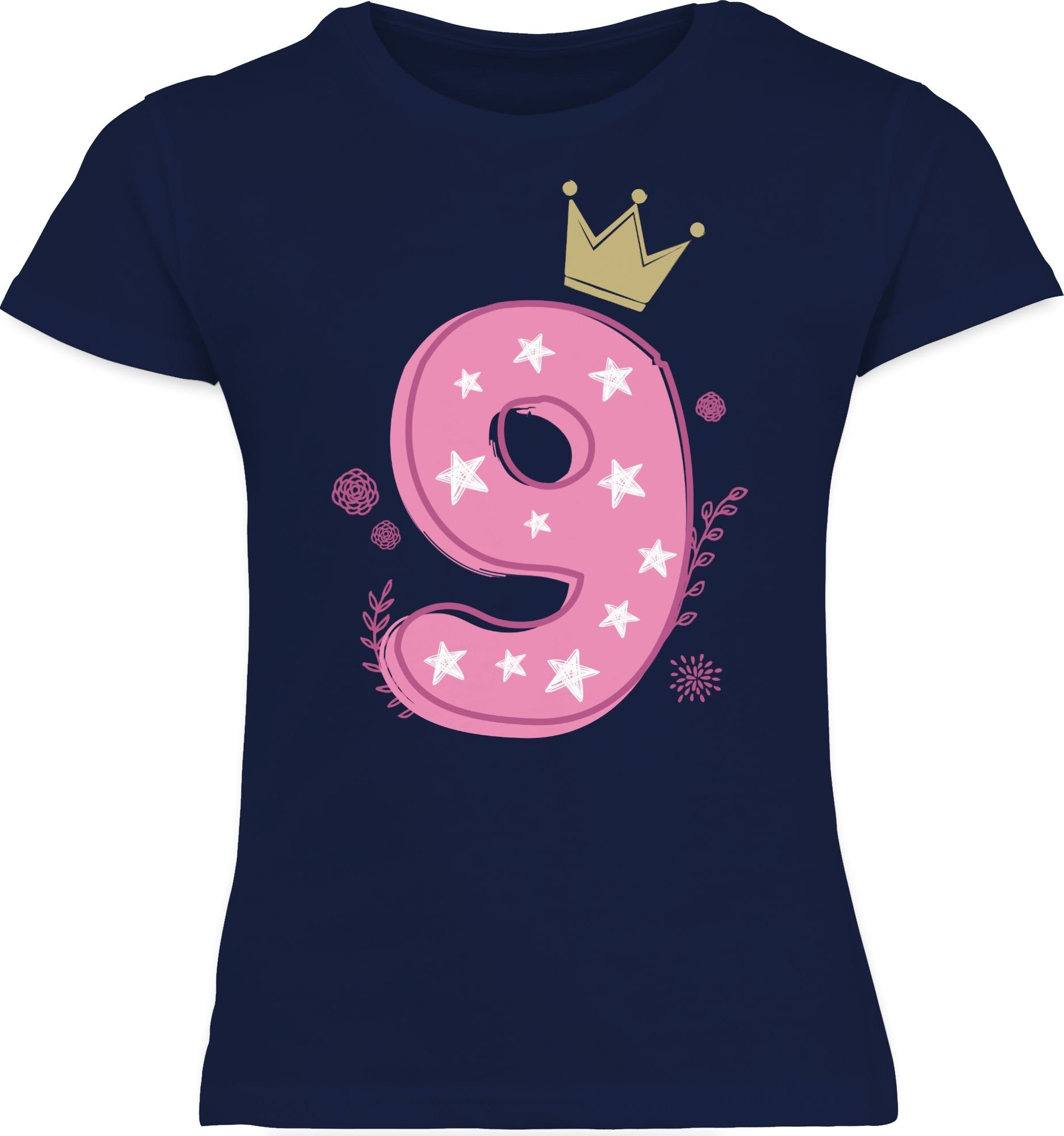 Shirtracer T-Shirt Neunter Mädchen 1 9. Dunkelblau Geburtstag Krone Sterne