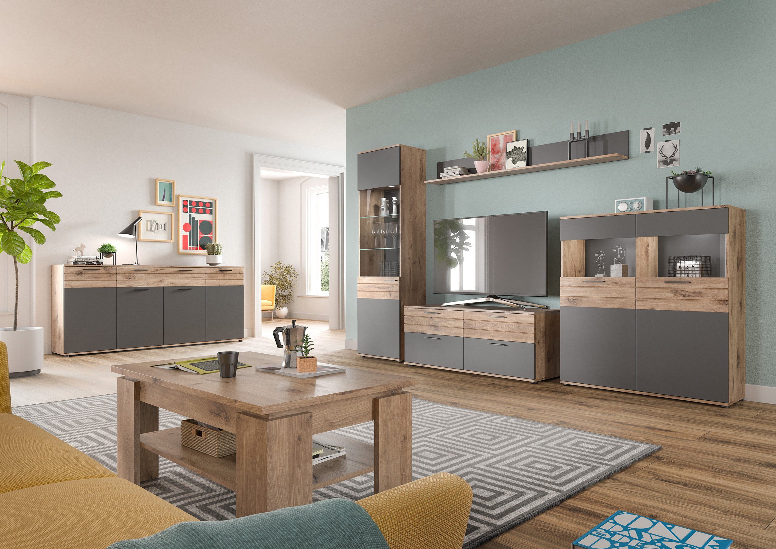 Newroom Wohnwand Lupus, Wohnwand Basalt Grau Eiche Schrankwand Anbauwand Industrial Modern ...