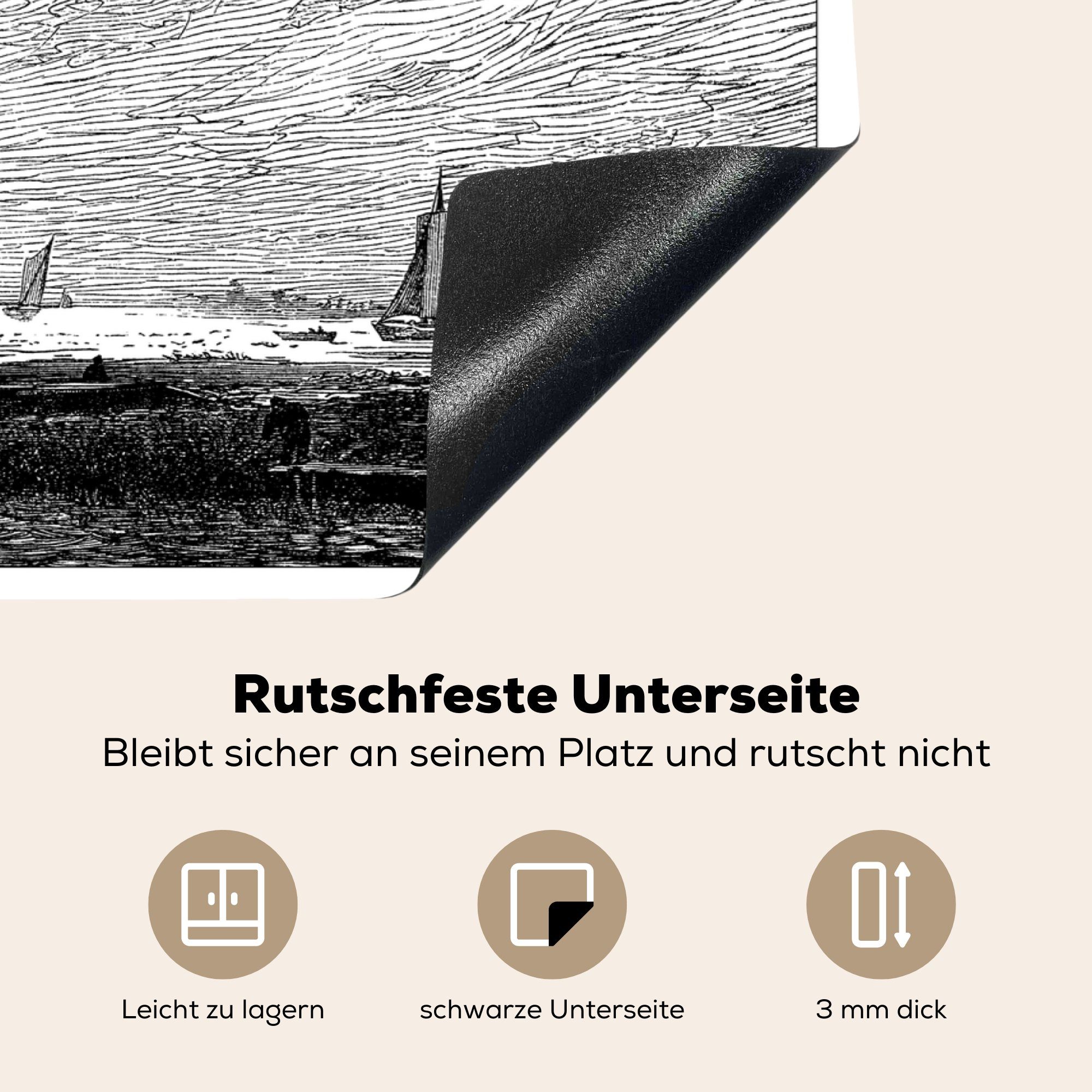 Dordrecht, Schwarz-Weiß-Abbildung Oude Arbeitsfläche Eine 70x52 Mobile nutzbar, cm, in Herdblende-/Abdeckplatte Vinyl, (1 der MuchoWow tlg), Ceranfeldabdeckung Maas