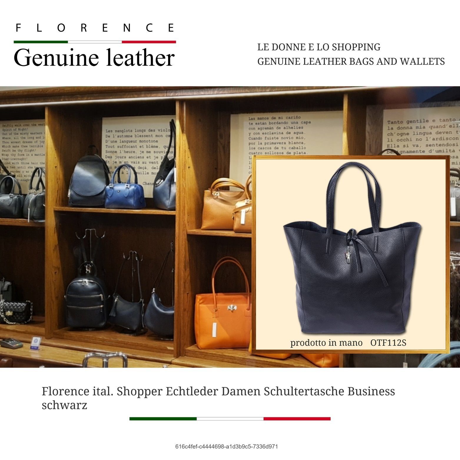 FLORENCE Shopper Florence Echtleder Damentasche schwarz (Schultertasche, Shopper), Damen Tasche Echtleder, Rindsleder schwarz, Made-In Italy