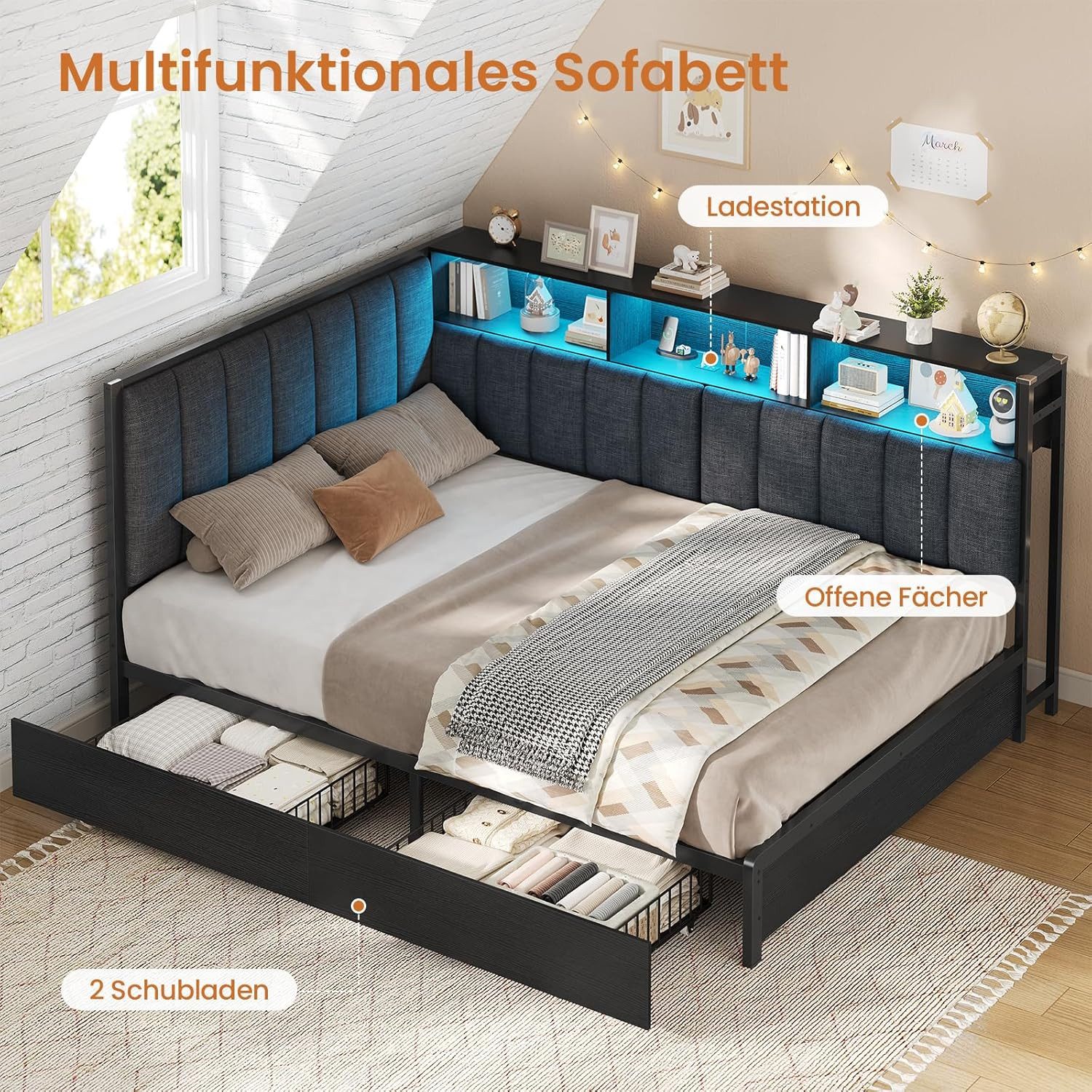 KIMENICH Polsterbett Jugendbett mit LED-Beleuchtung und Ladestation, Schlafsofa, Daybett (Ohne Matratze), Tagesbett mit 2 Schubladen und offenen Regalen, 140 x  – Bild 4 von 5