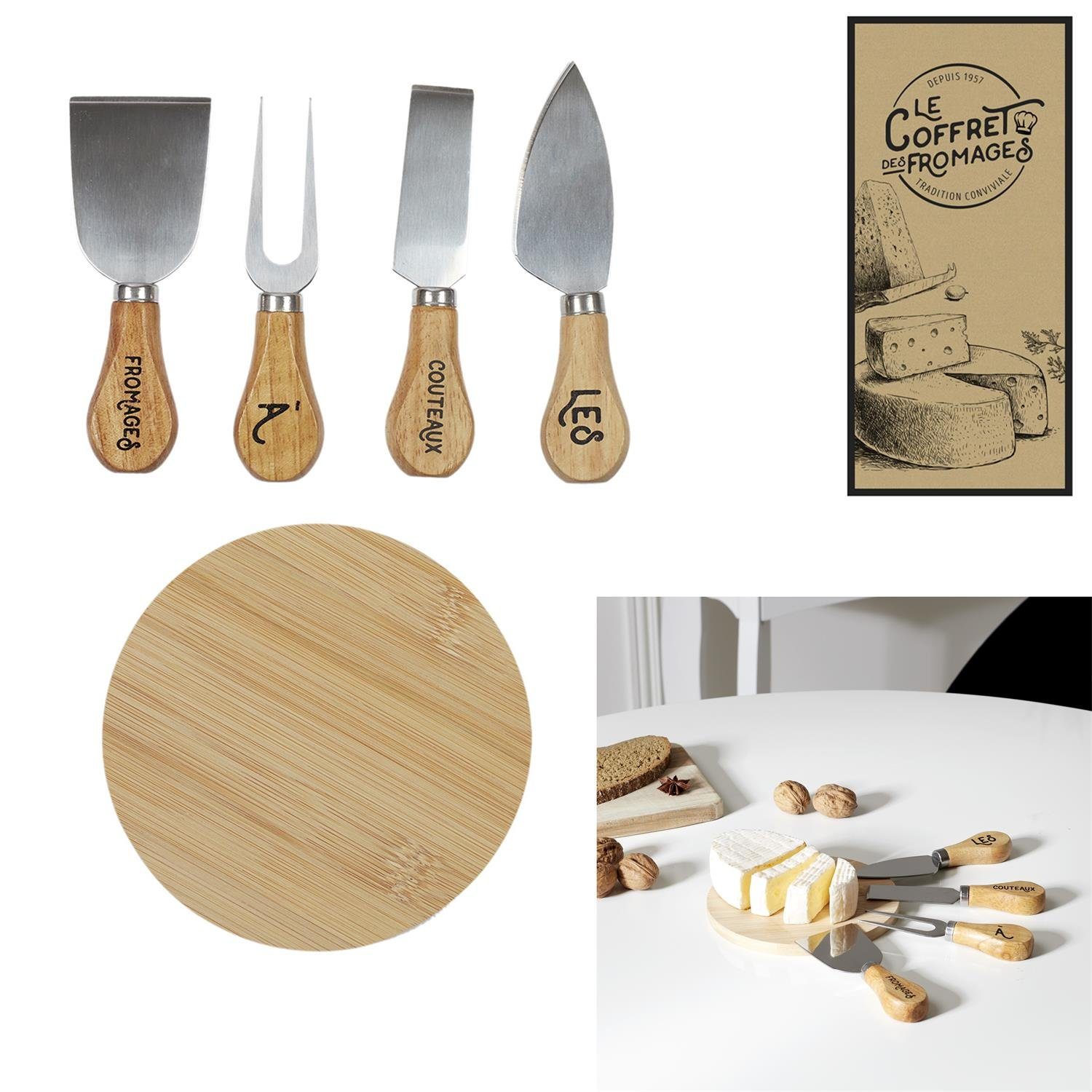 Käsebrett, Edelstahl und COOK aus Käse-Platte Käsemesser-Set Fondue Hevea-Gummi-Holz CONCEPT