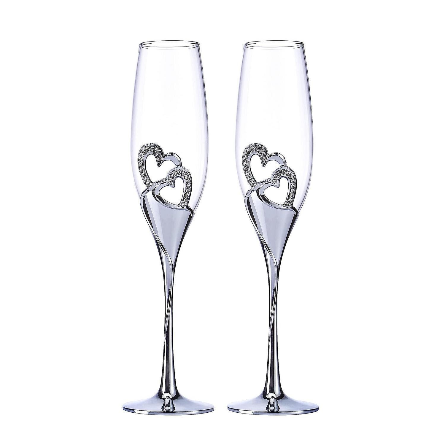 LuxusKollektion Champagnerglas Champagnergläser Hochzeit 2er Set Herz Strass Silber, Glas