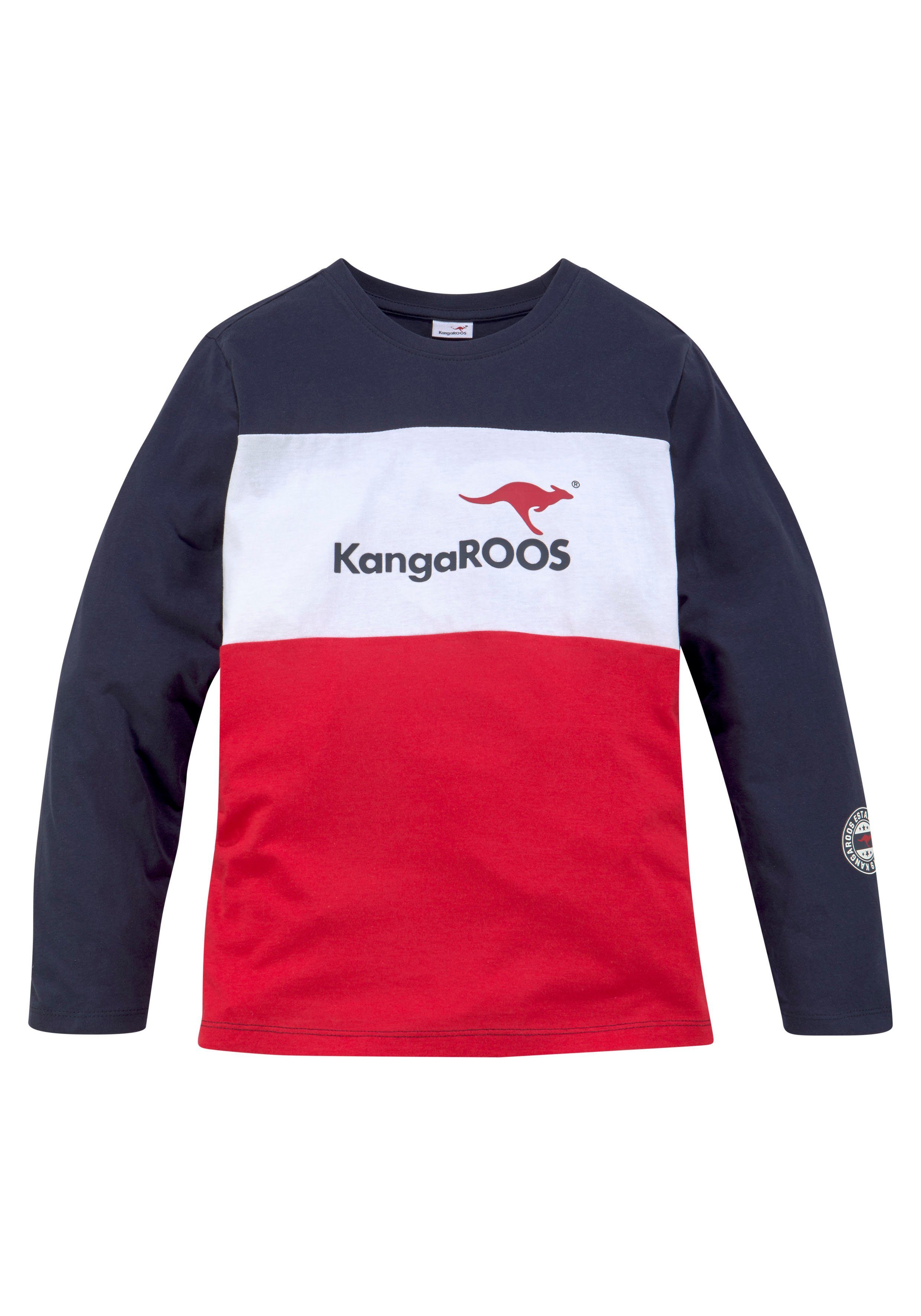 KangaROOS Langarmshirt Im tollem Colorblocking-Design Langarm, Basic-Passform, mit auffälligem Druck. Reduzierter Preis € 14,99. Unverbindliche Preisempfehlung € 19,99, (€ 14,99 pro 1 Stk)
