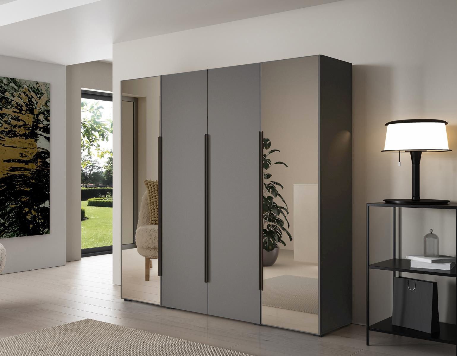 Compleo Kleiderschrank mit 4 Türen, Drehtürenschrank, Garderobenschrank mit Spiegel – Bild 2 von 3