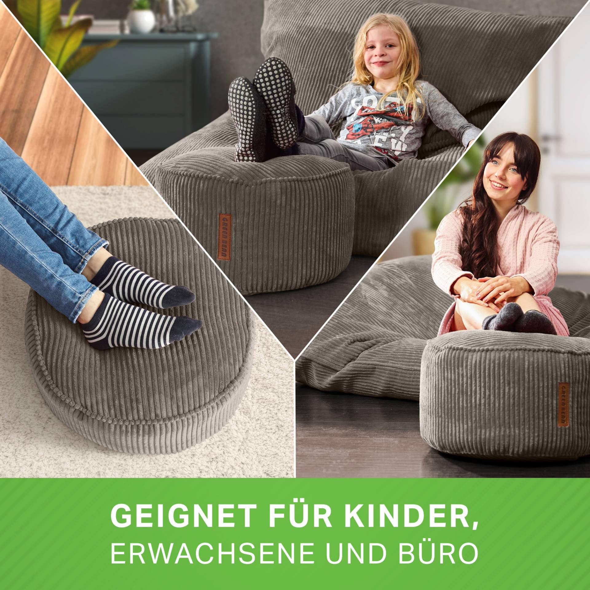Green Bean Pouf Sitzsack-Hocker Pouf Cord 45x25cm (Indoor Sitzhocker Sitzkissen Fußhocker Relax-Sessel, Made in Germany), die ideale Ergänzung zum Sitzsack
