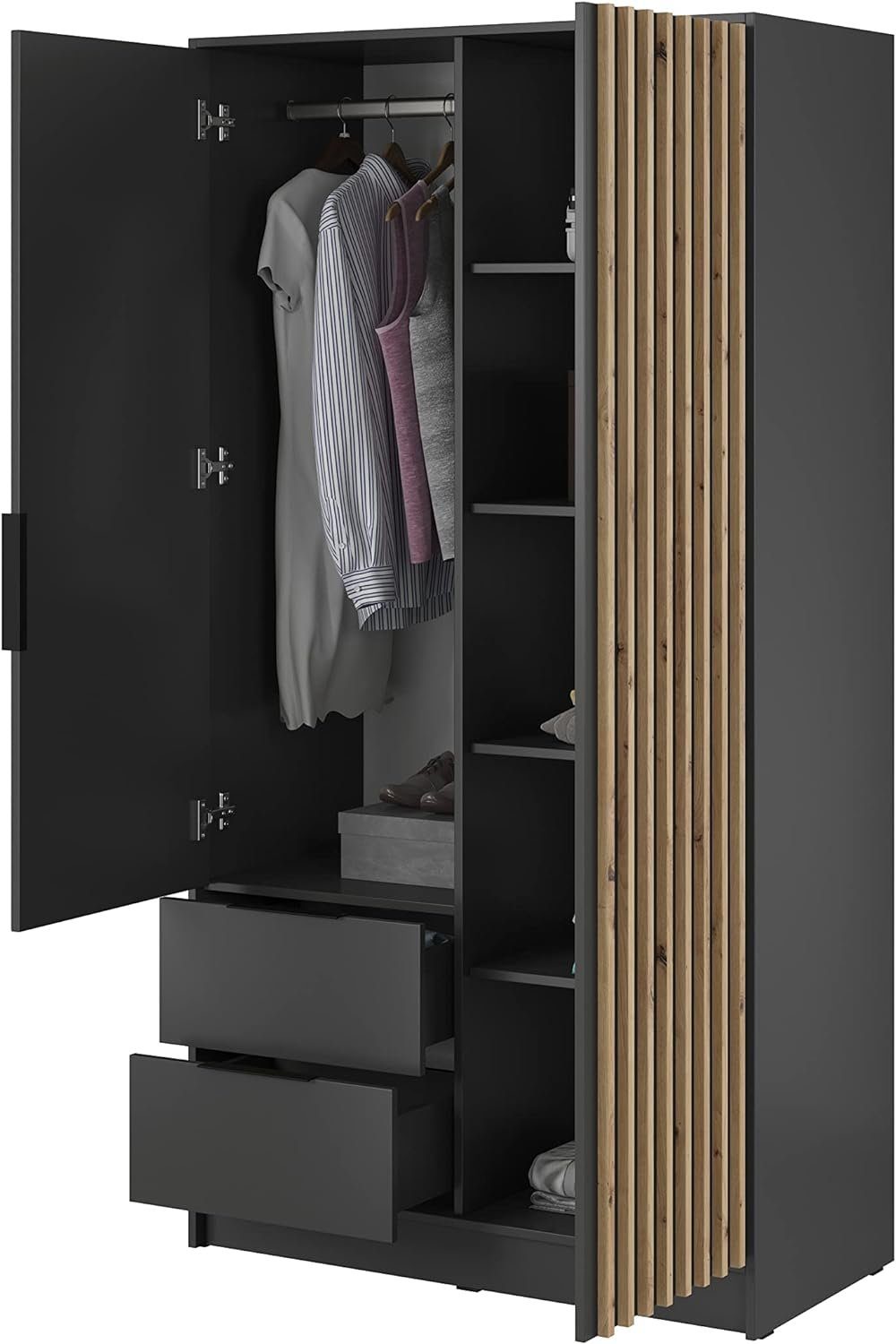 MOEBLO Kleiderschrank Loft mit Schlafzimmerschrank mit JOHN Türen, (Latten 2/3/4 aus Schubladen) Graphit 2 Regalböden, IndustrieSchrank (Spannstange) Stil Aufbewahrungsschrank drehbaren Holz